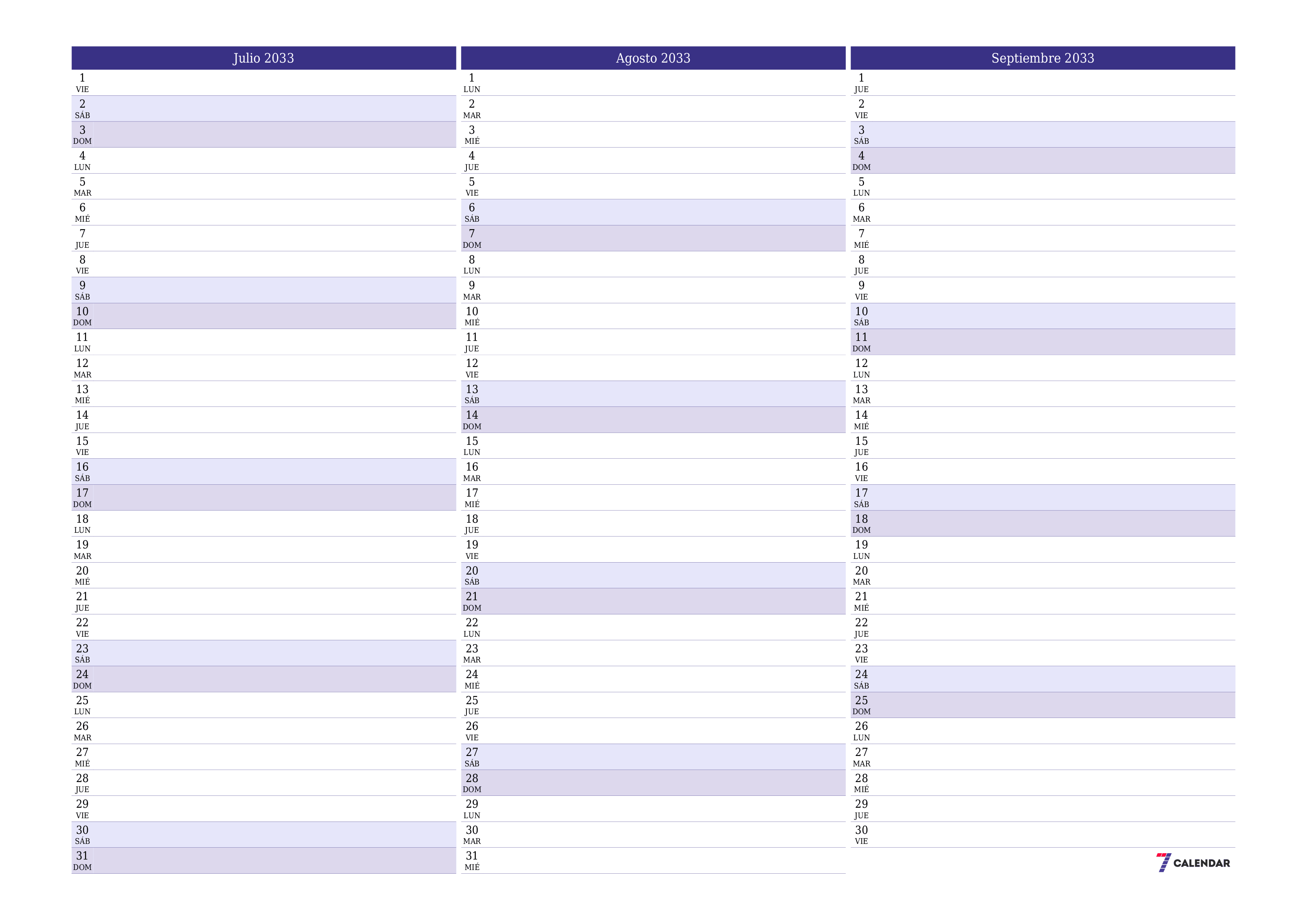 Planificador mensual vacío para el mes Julio 2033 con notas, guardar e imprimir en PDF PNG Spanish