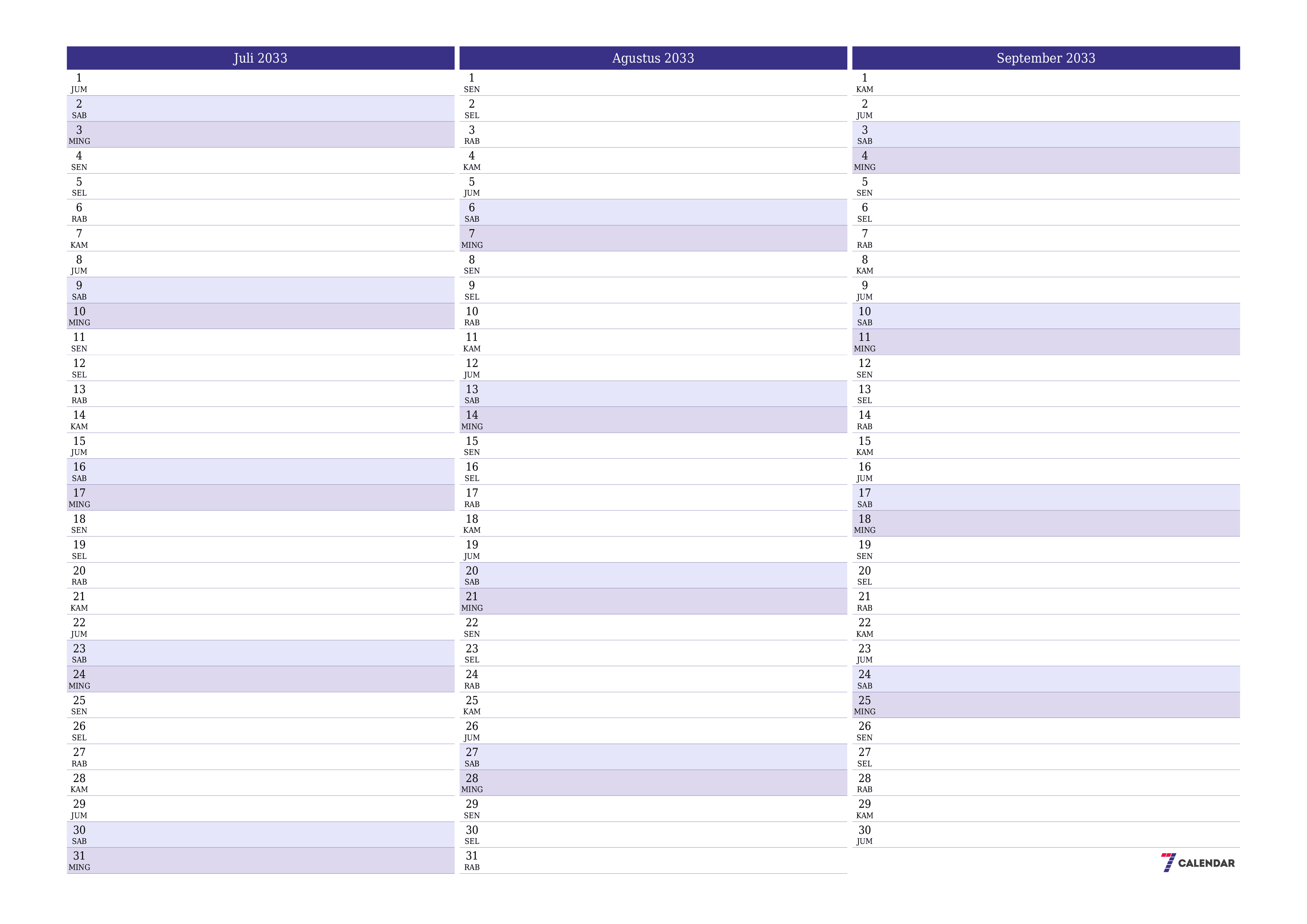 Kosongkan agenda bulanan untuk bulan Juli 2033 dengan catatan, simpan dan cetak ke PDF PNG Indonesian
