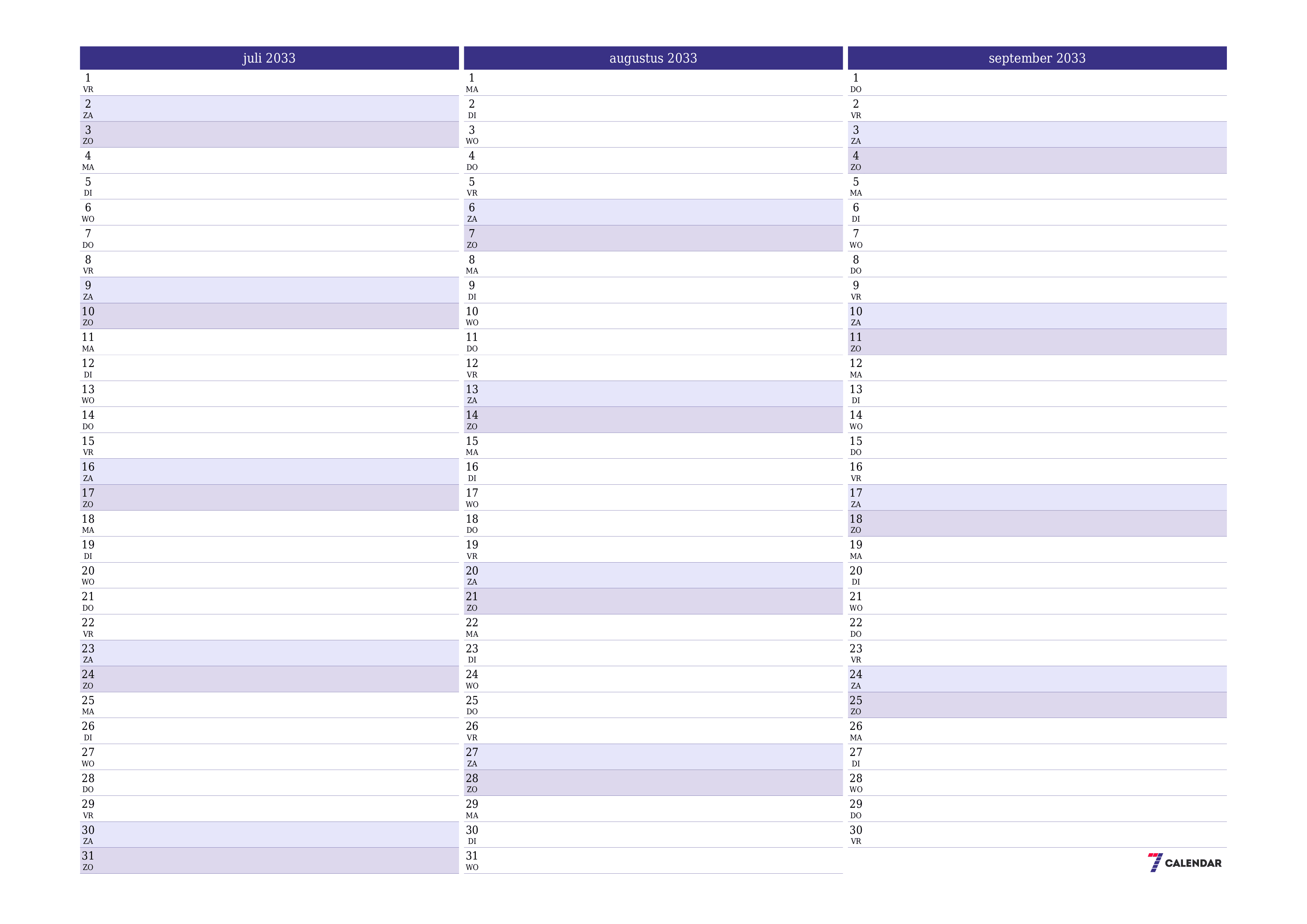 Lege maandplanner voor maand juli 2033 met notities, opslaan en afdrukken naar pdf PNG Dutch
