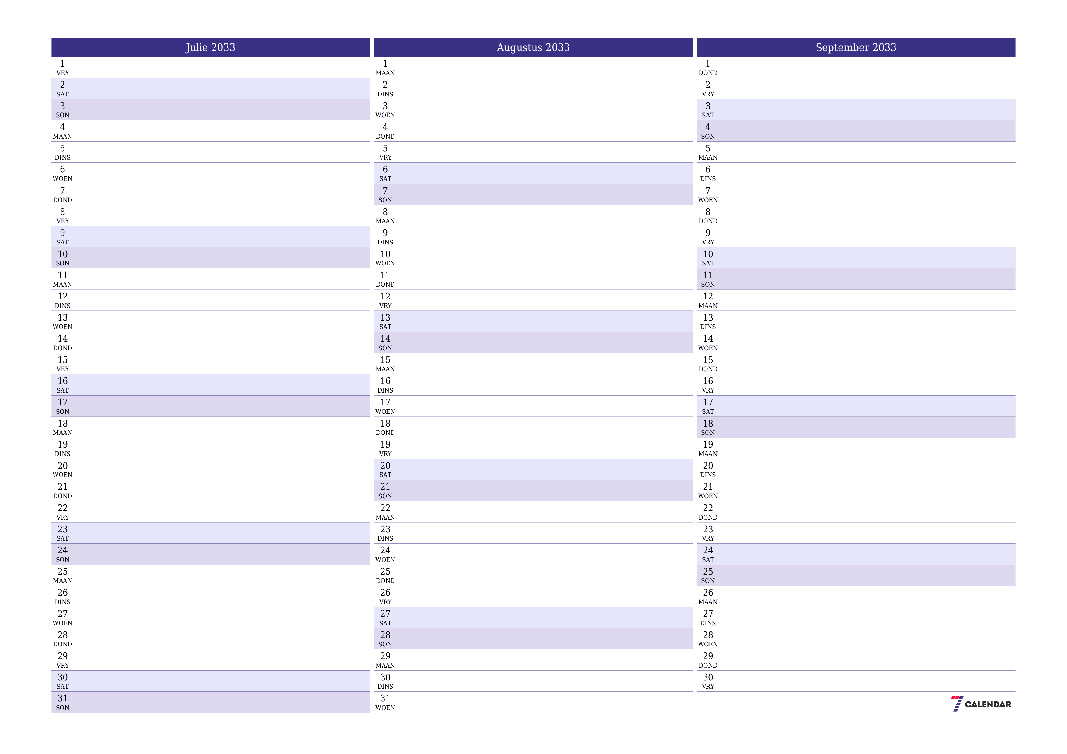 Leë maandelikse drukbare kalender en beplanner vir maand Julie 2033 met notas stoor en druk na PDF PNG Afrikaans