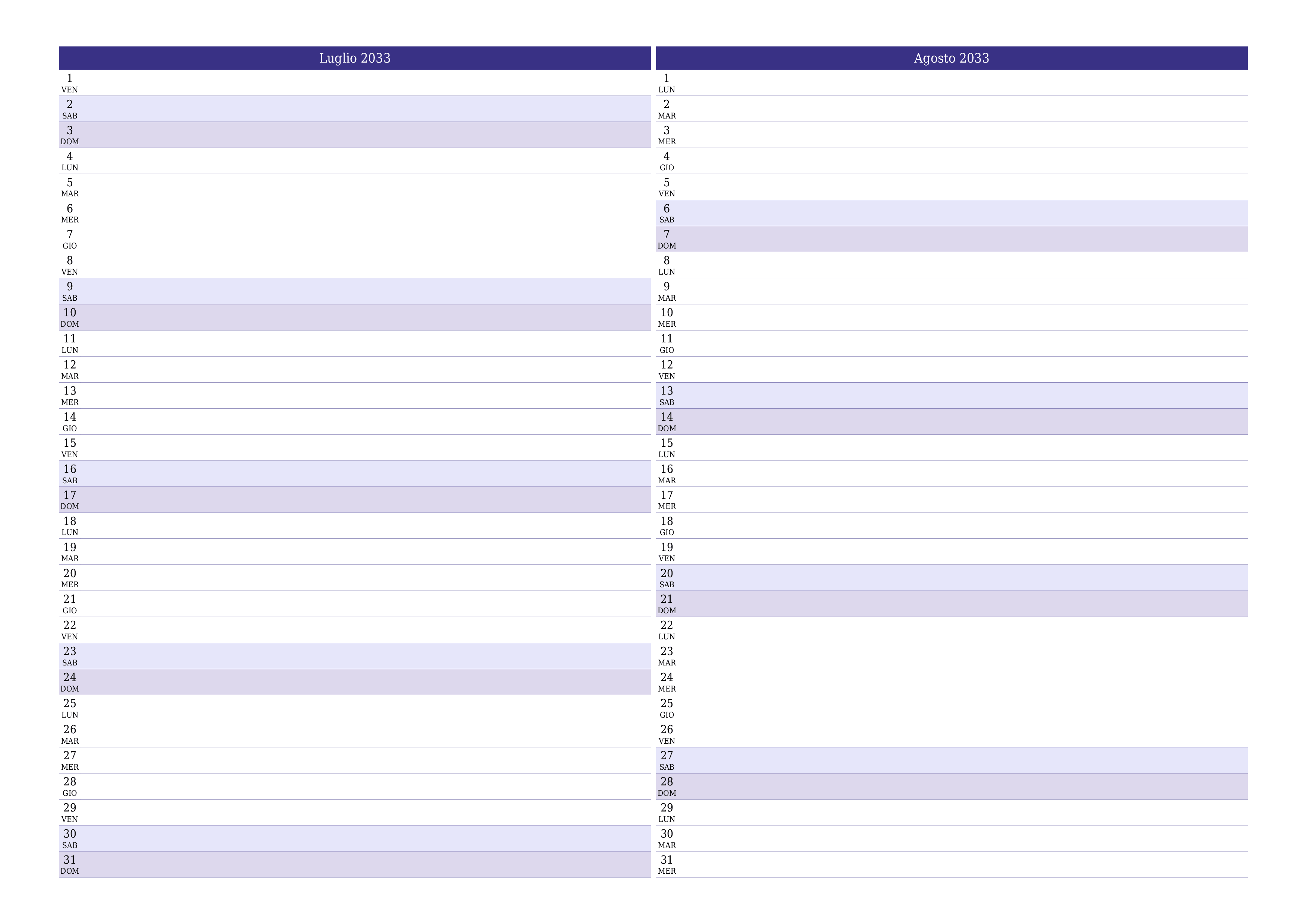 Pianificatore mensile vuoto per il mese Luglio 2033 con note, salva e stampa in PDF PNG Italian