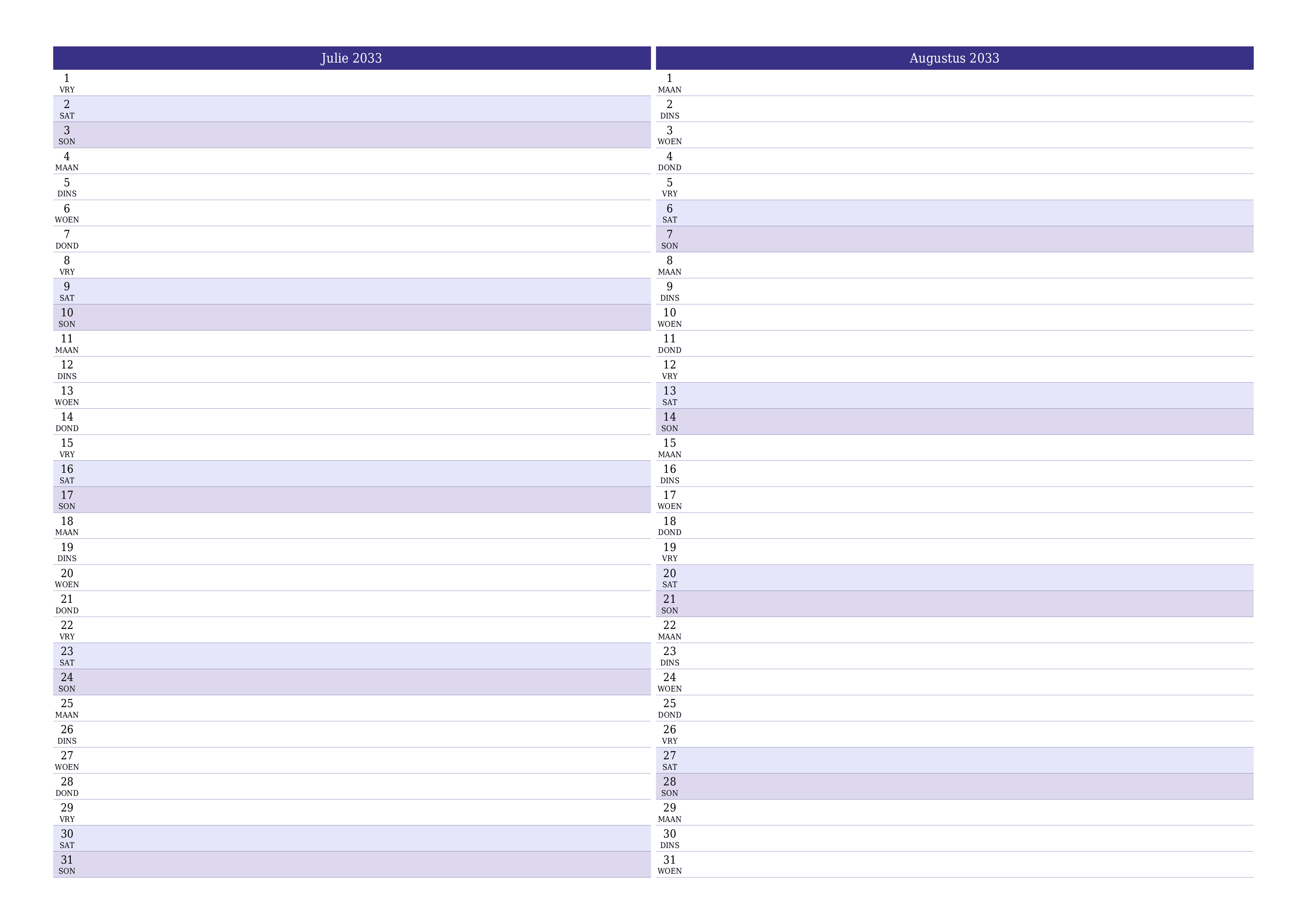 Leë maandelikse drukbare kalender en beplanner vir maand Julie 2033 met notas stoor en druk na PDF PNG Afrikaans