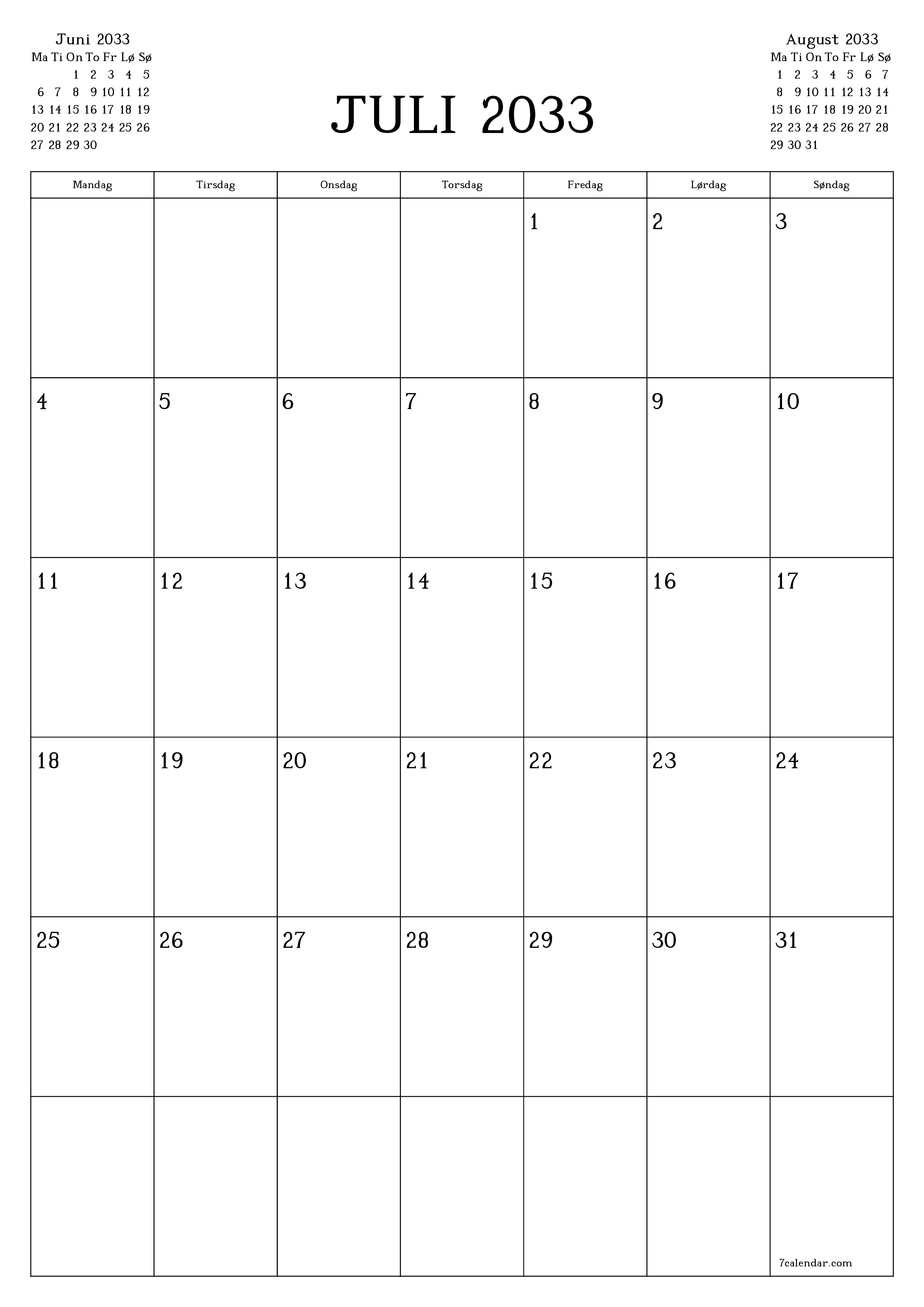 udskrivbar væg skabelon gratis lodret Månedlig planlægger kalender Juli (Jul) 2033