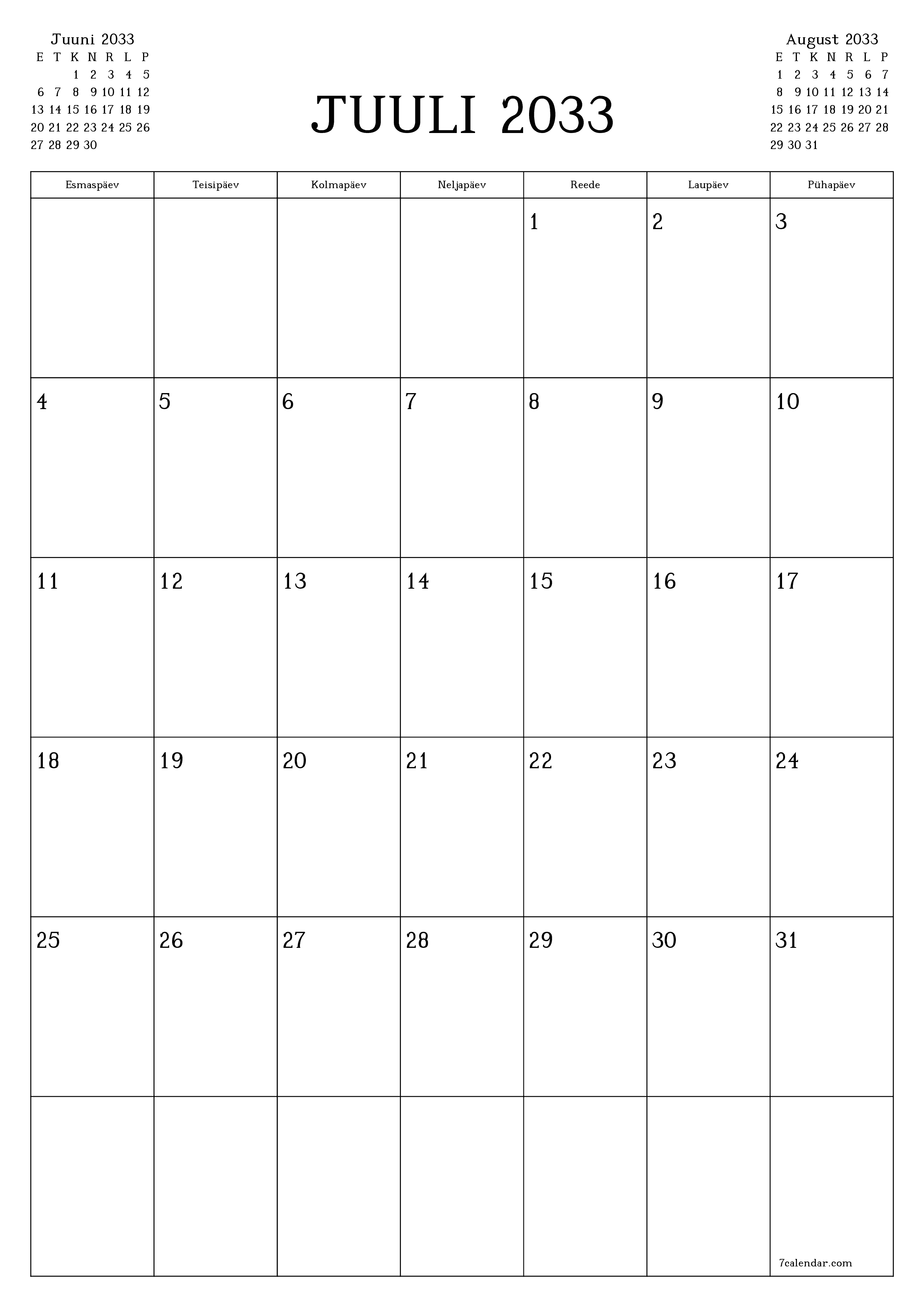 prinditav seina kalendri mall tasuta vertikaalne Igakuine planeerija kalender Juuli (Juuli) 2033