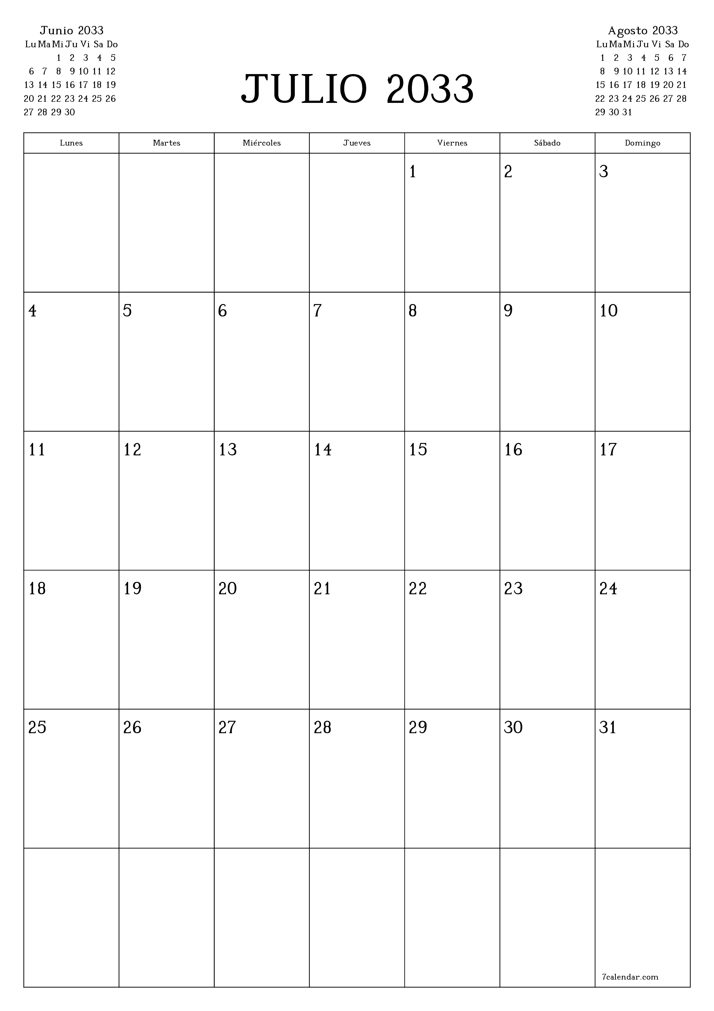 Planificador mensual vacío para el mes Julio 2033 con notas, guardar e imprimir en PDF PNG Spanish