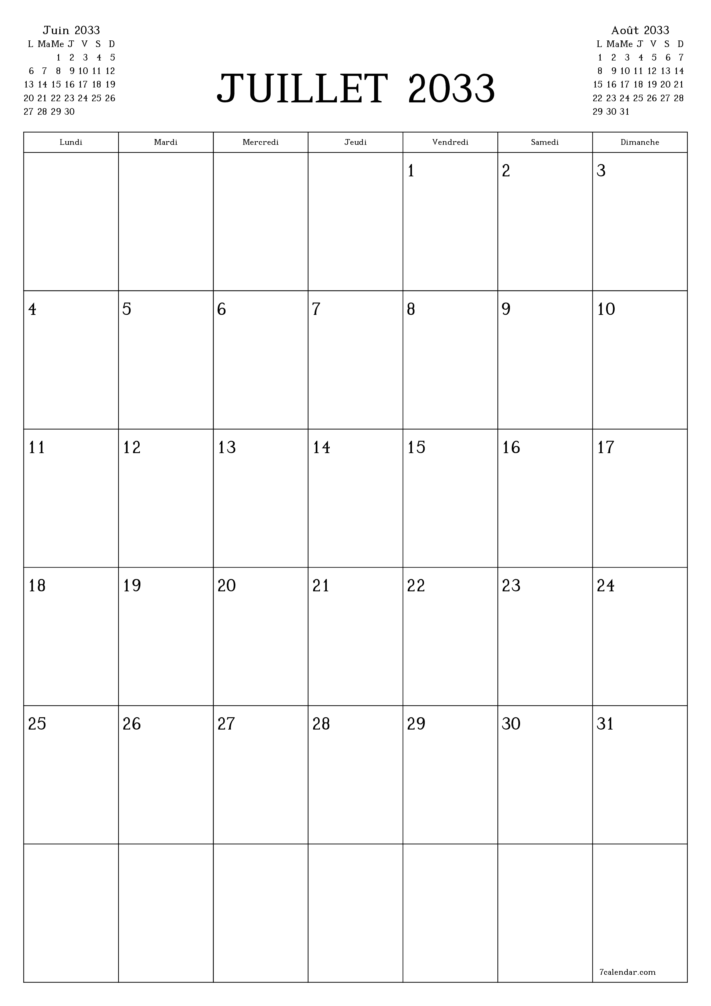  imprimable mural modèle de gratuitverticale Mensuel planificateur calendrier Juillet (Jul) 2033