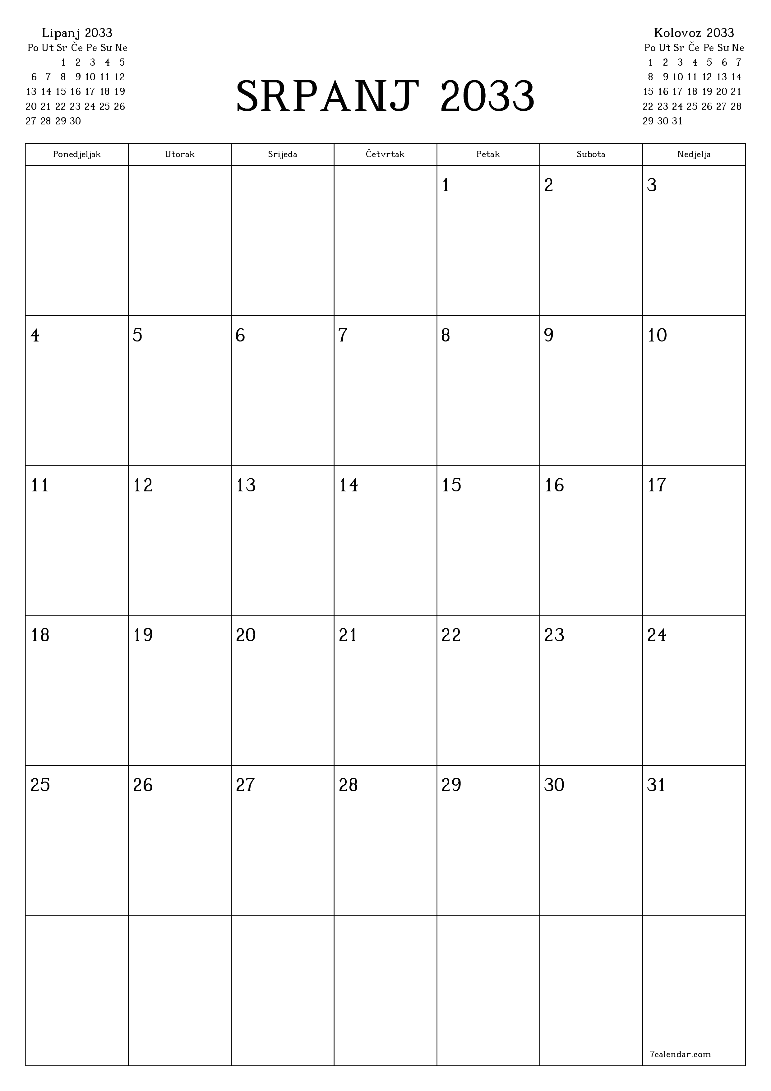  za ispis zidni predložak a besplatni okomito Mjesečni planer kalendar Srpanj (Srp) 2033