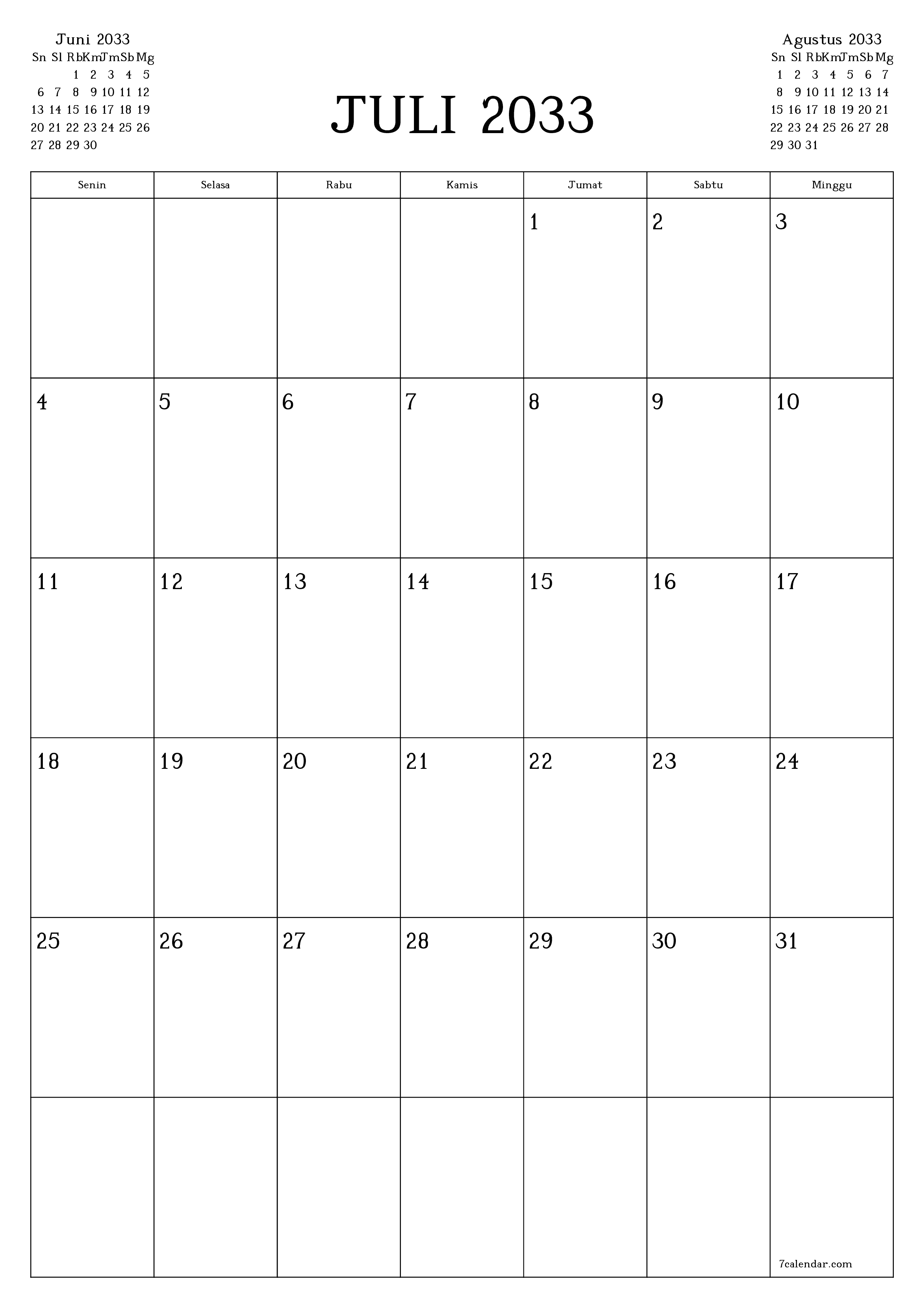  yang dapat dicetak dinding templat gratisvertikal Bulanan perencana kalender Juli (Jul) 2033