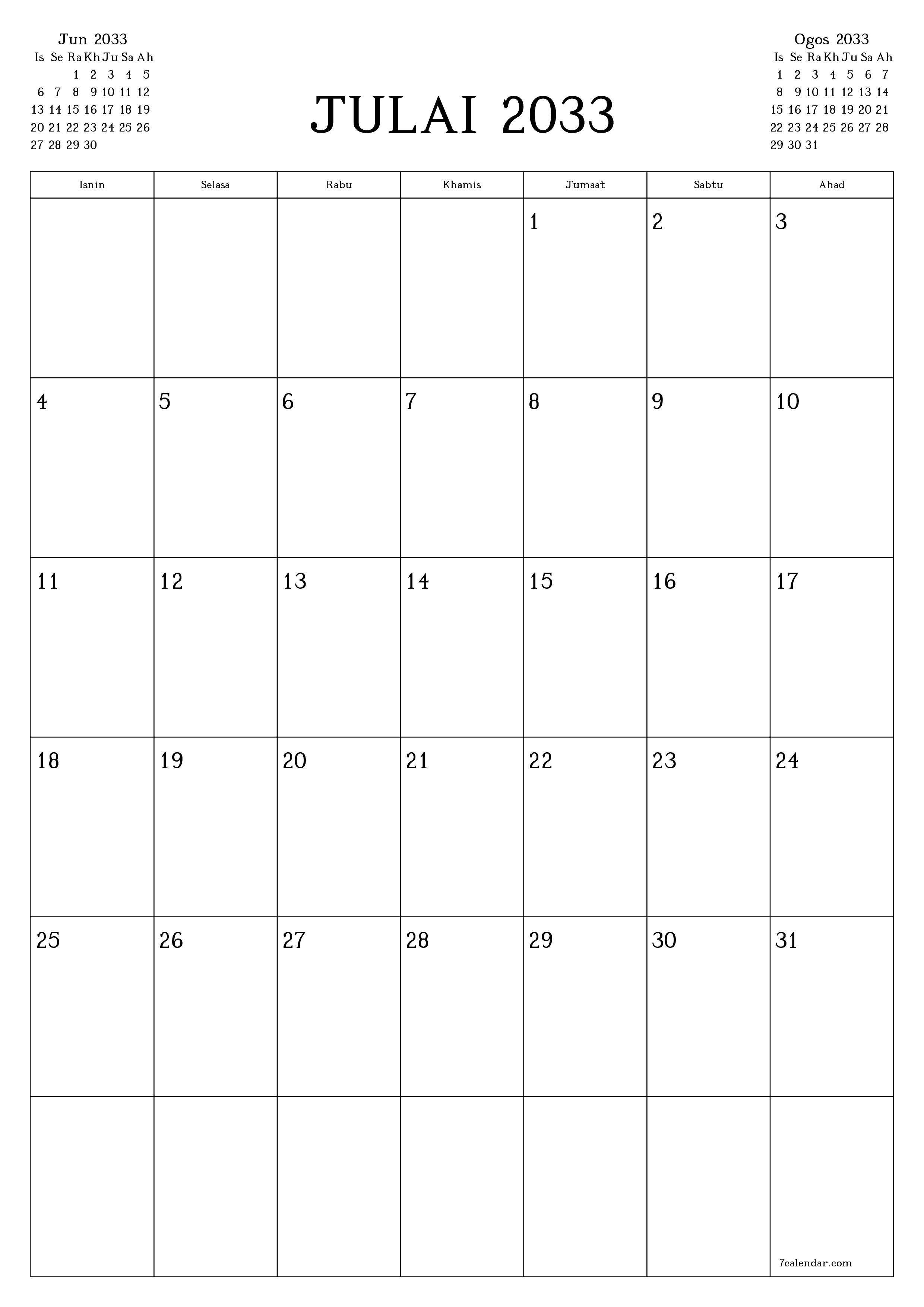  boleh cetak dinding templat percumamenegak Bulanan perancang kalendar Julai (Jul) 2033