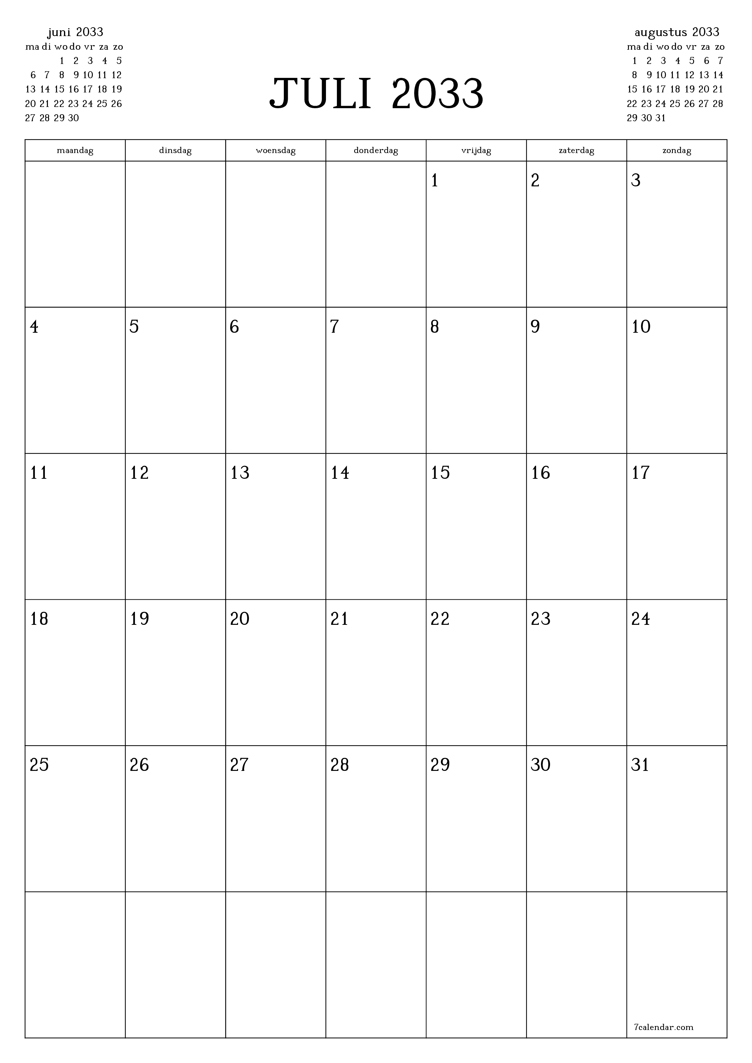 afdrukbare muur sjabloon gratis verticaal Maandelijks planner kalender juli (jul) 2033