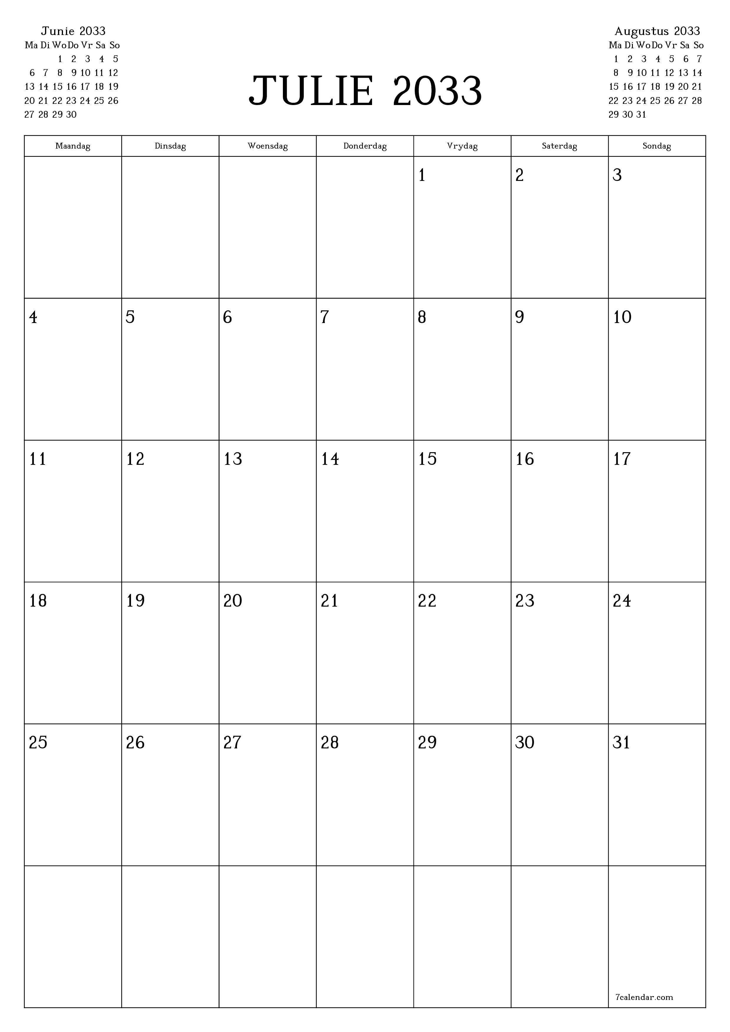 drukbare muur template gratis vertikaal Maandeliks beplanner kalender Julie (Jul) 2033