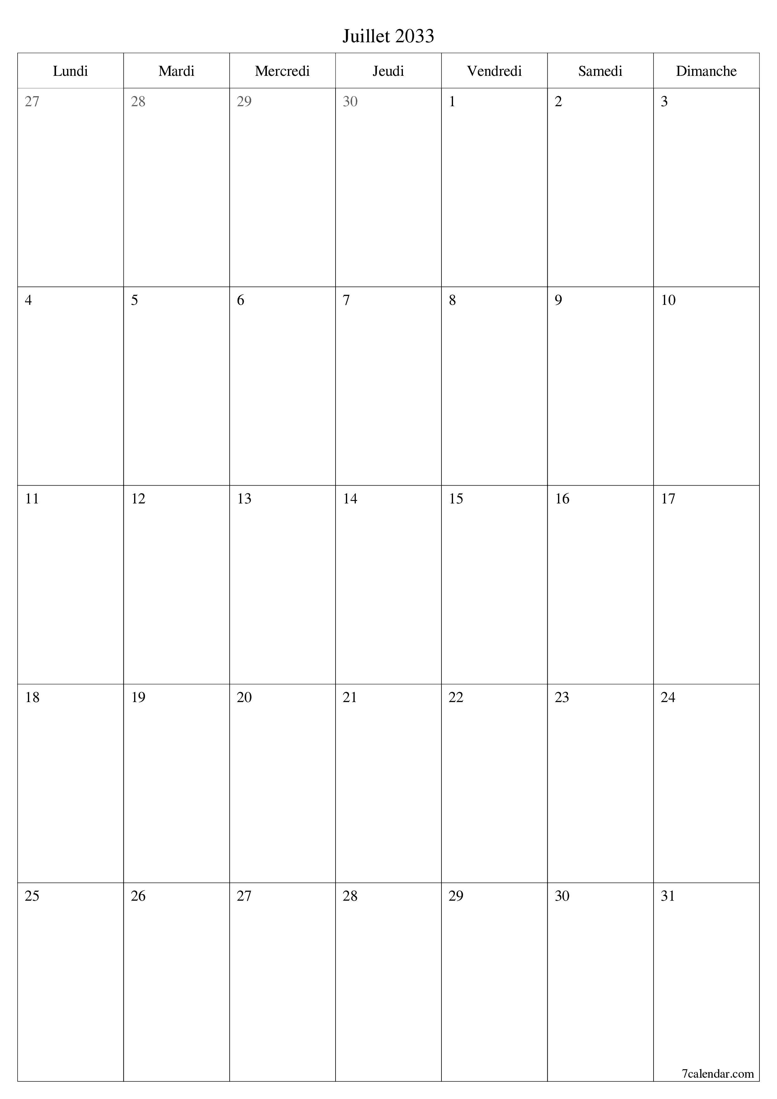  imprimable mural modèle de gratuitverticale Mensuel planificateur calendrier Juillet (Jul) 2033