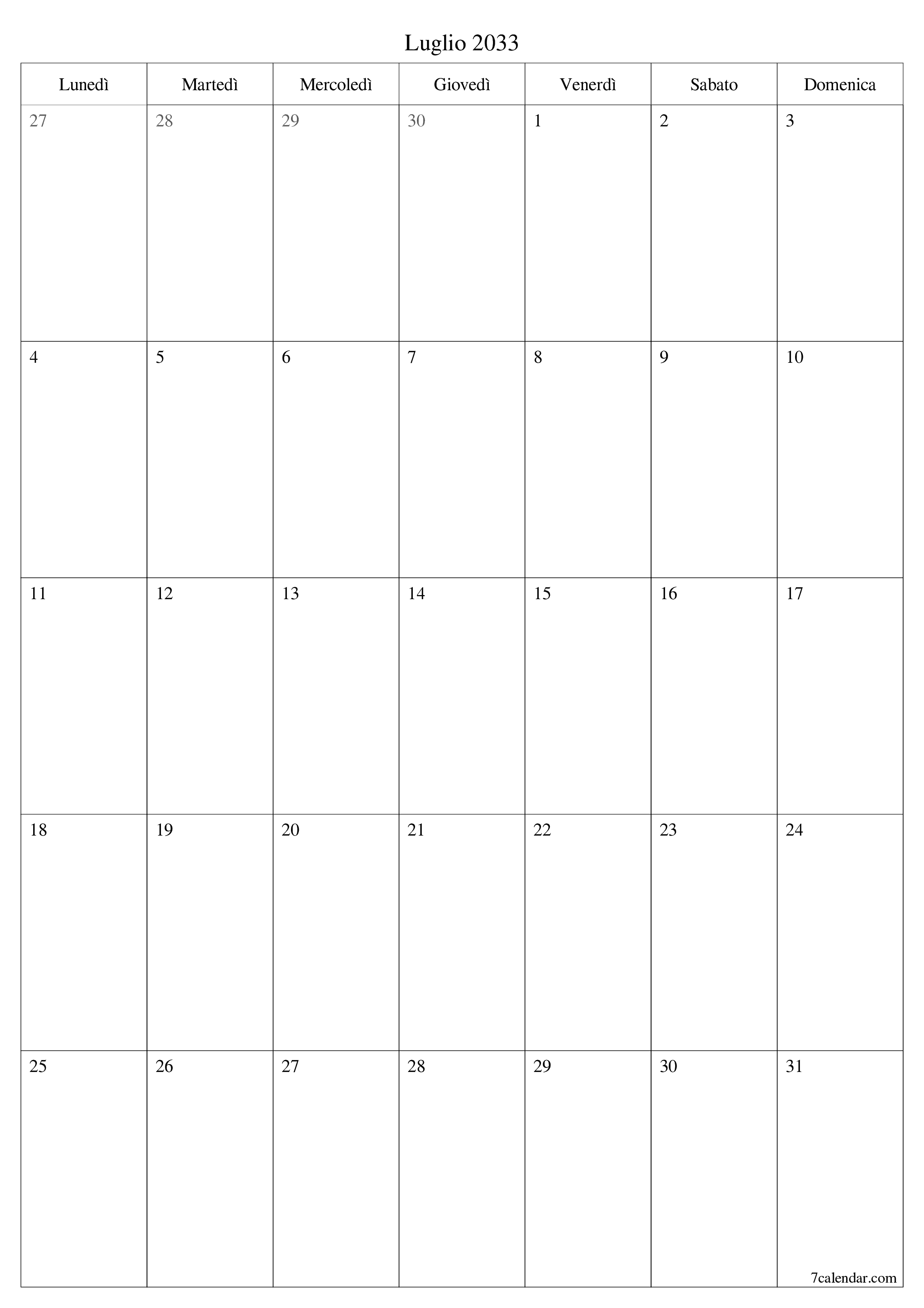  stampabile da parete modello di gratuitoverticale Mensile pianificatore calendario Luglio (Lug) 2033