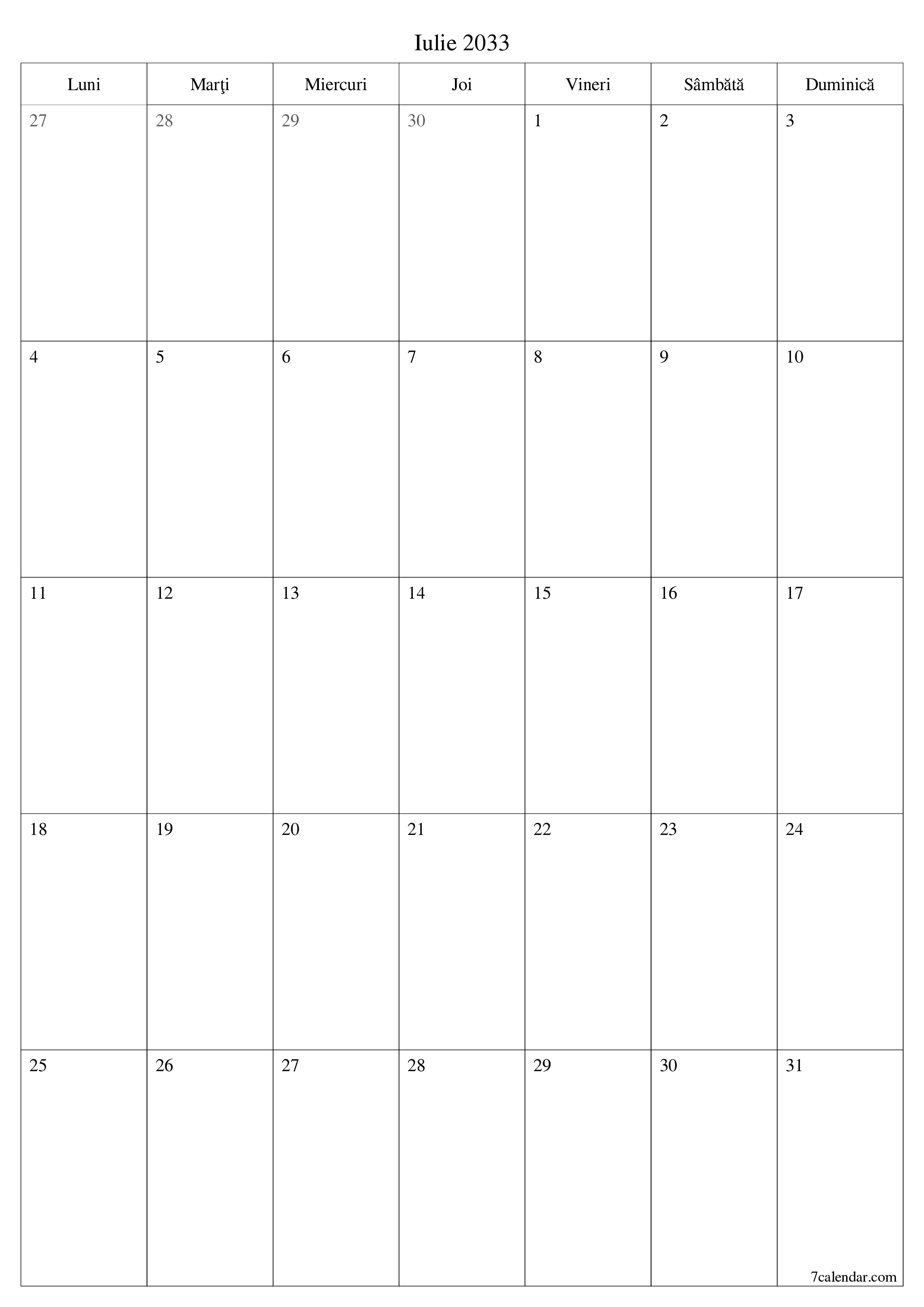  imprimabil de perete șablon de gratuitvertical Lunar planificator calendar Iulie (Iul) 2033