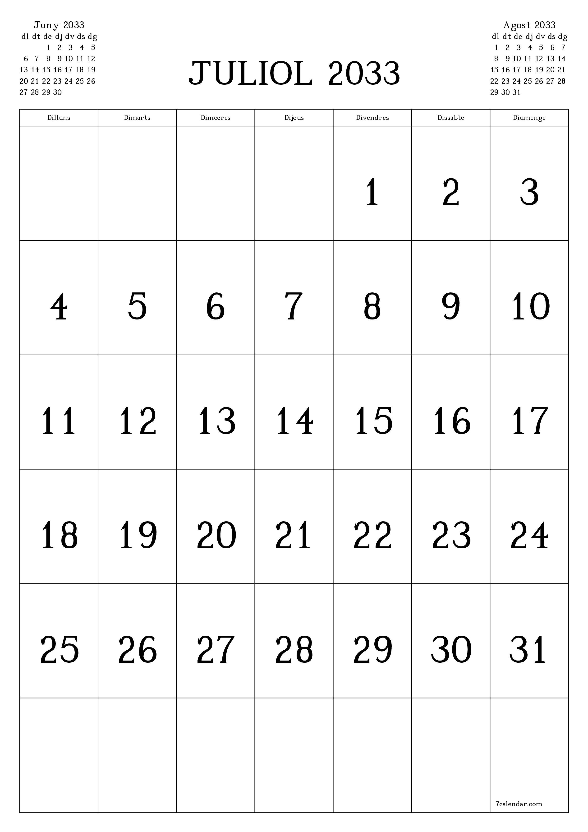 imprimible de paret plantilla de gratuïtvertical Mensual calendari Juliol (Jul) 2033