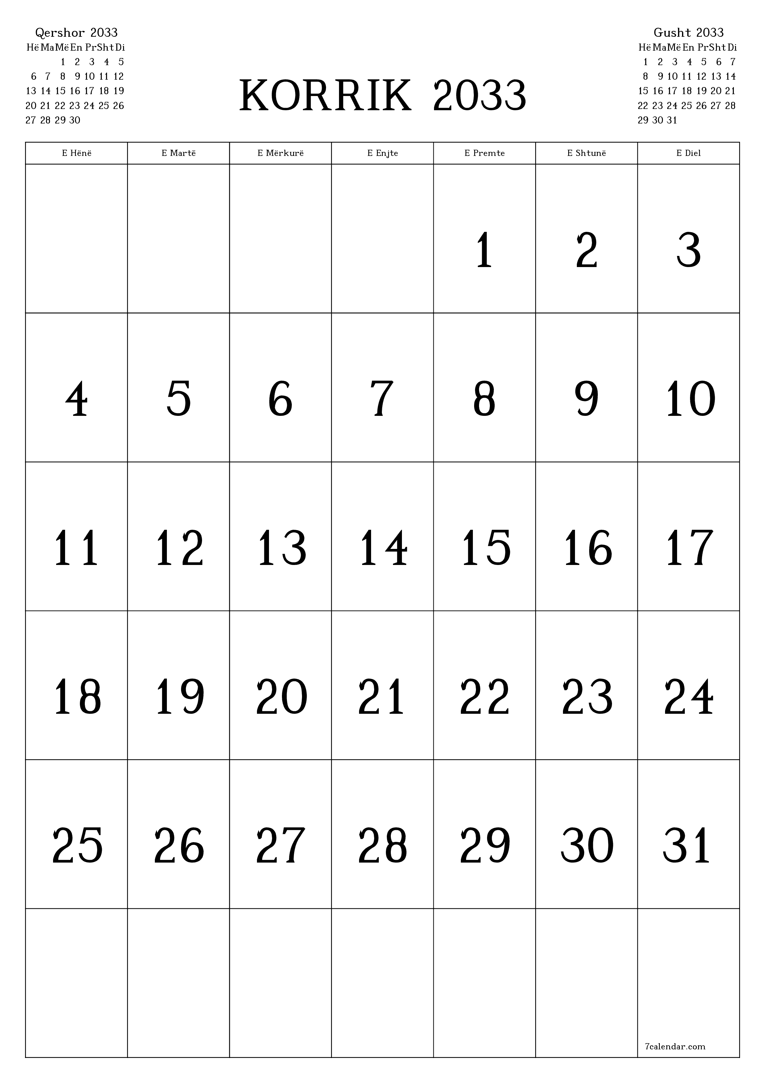  i printueshëm muri shabllon falasvertikale mujore kalendar Korrik (Korr) 2033