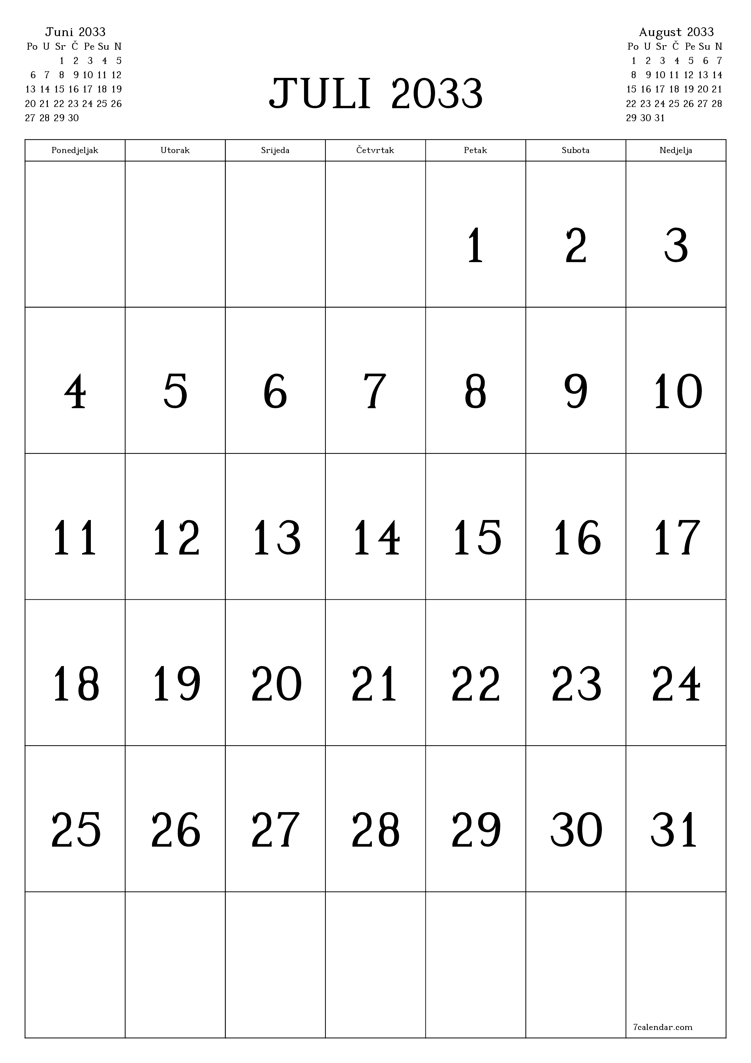  za štampanje zidni šablon a besplatni vertikalno Mjesečno kalendar Juli (Jul) 2033