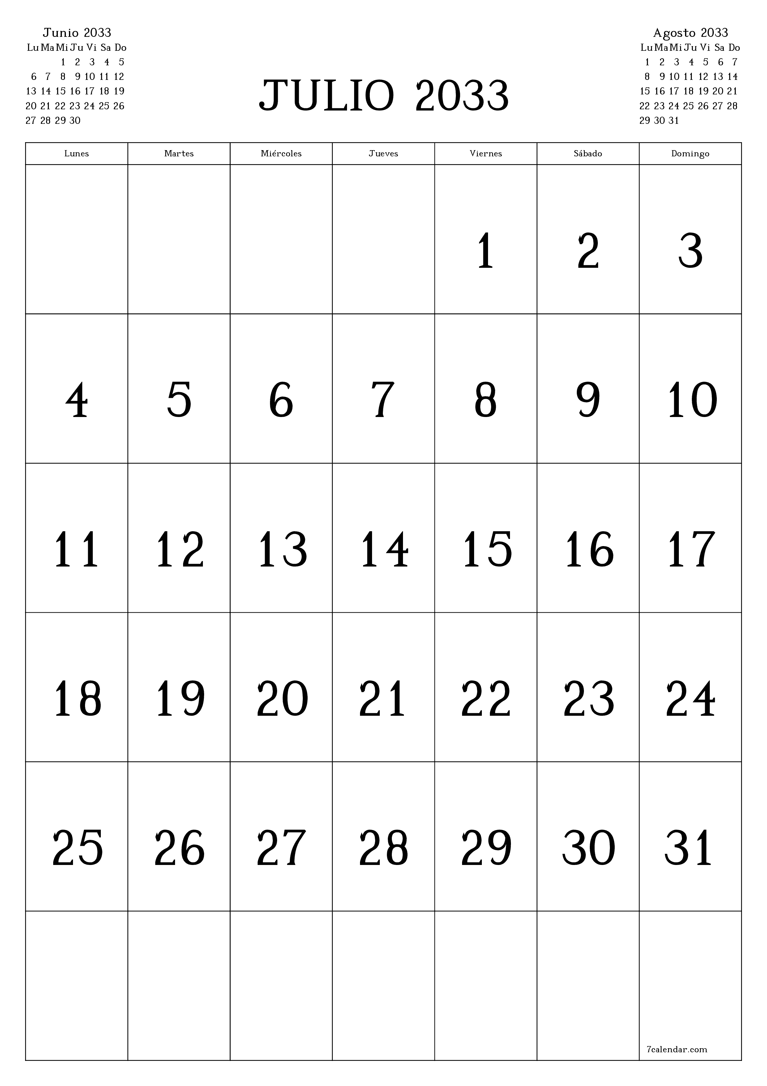  imprimible de pared plantilla de gratisvertical Mensual calendario Julio (Jul) 2033