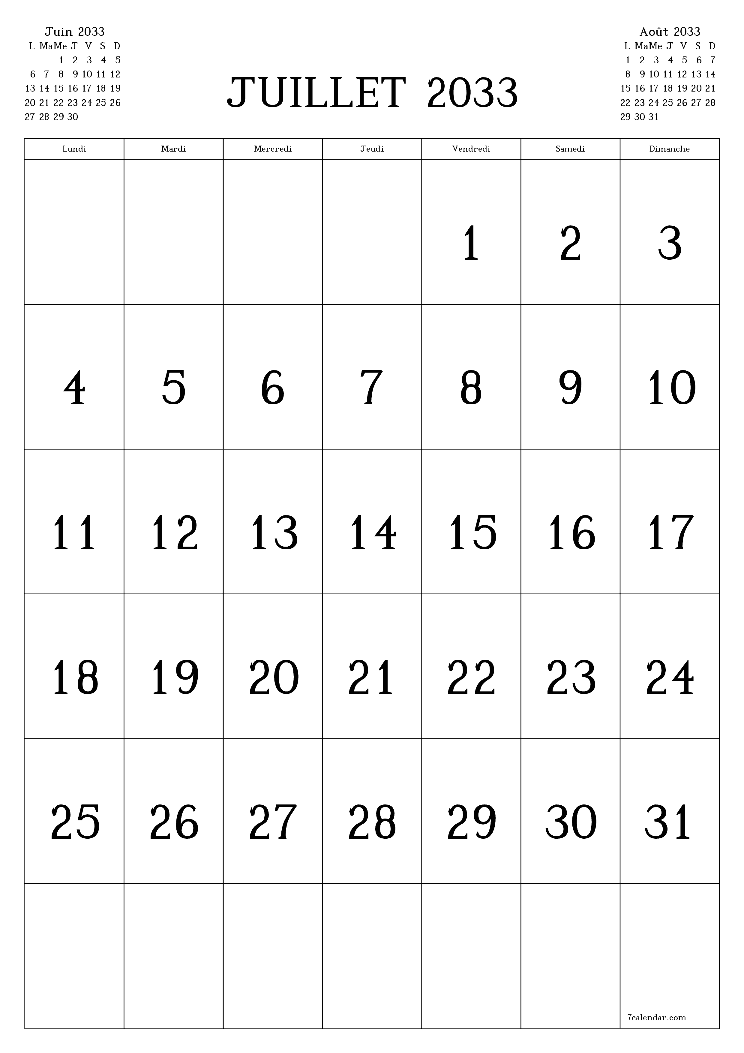  imprimable mural modèle de gratuitverticale Mensuel calendrier Juillet (Jul) 2033