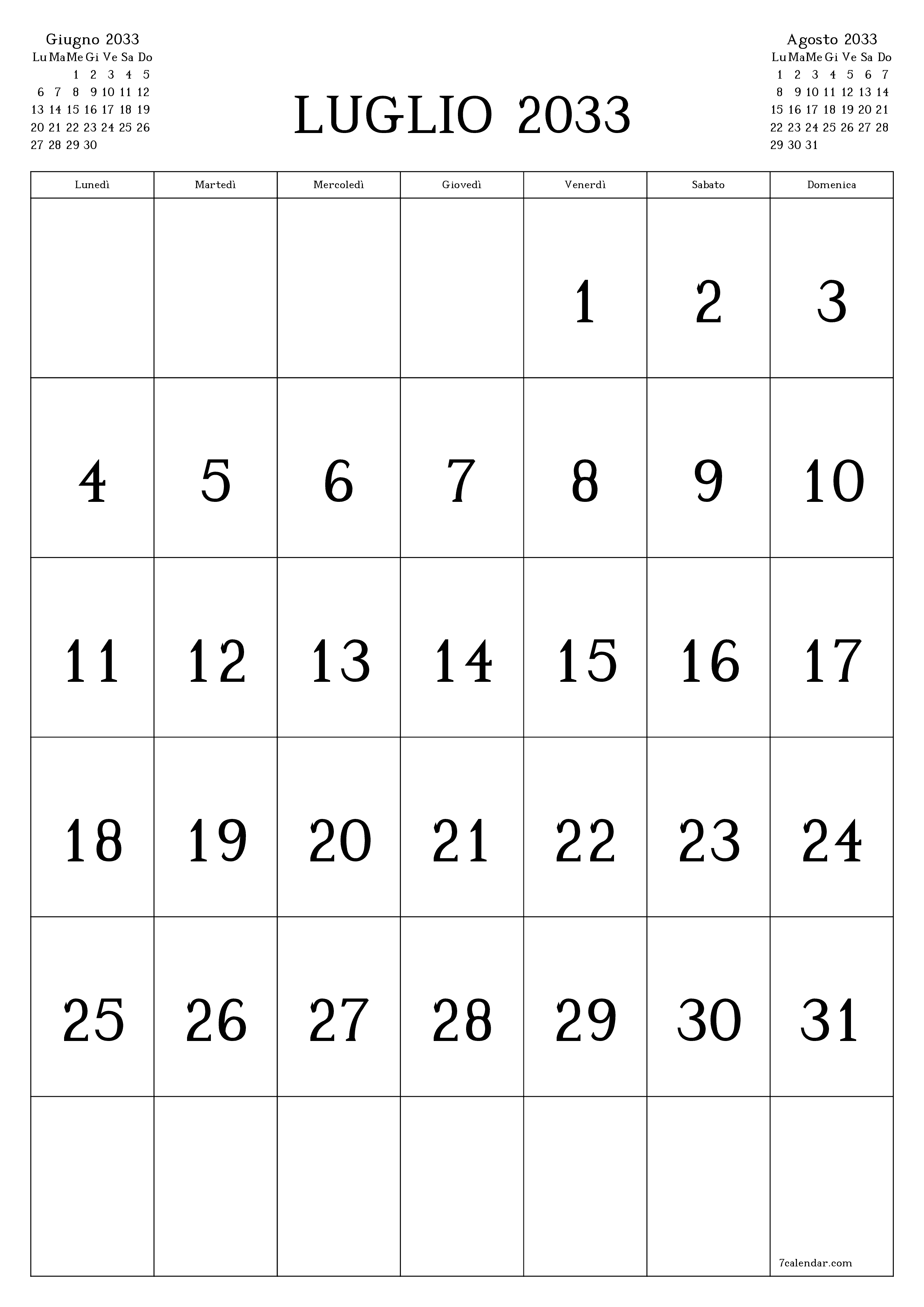  stampabile da parete modello di gratuitoverticale Mensile calendario Luglio (Lug) 2033