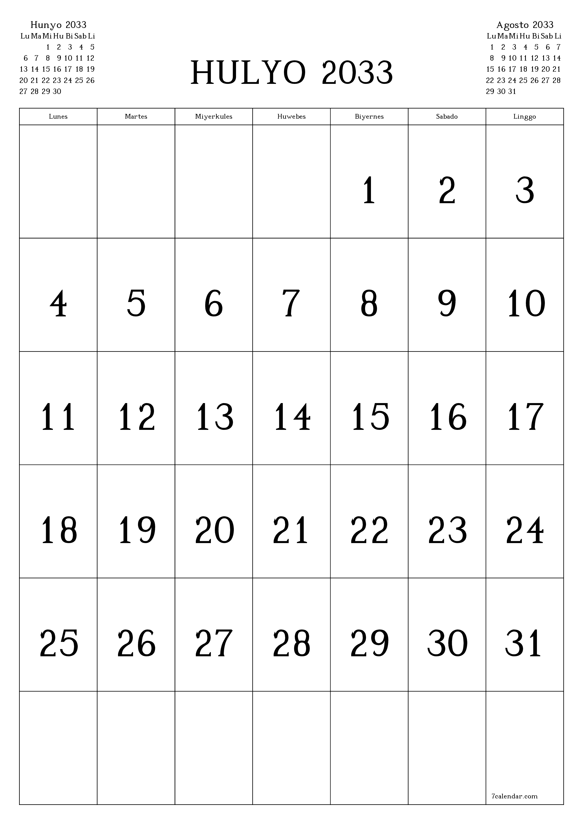 napi-print na sa dingding template ng libreng patayo Buwanang kalendaryo Hulyo (Hul) 2033