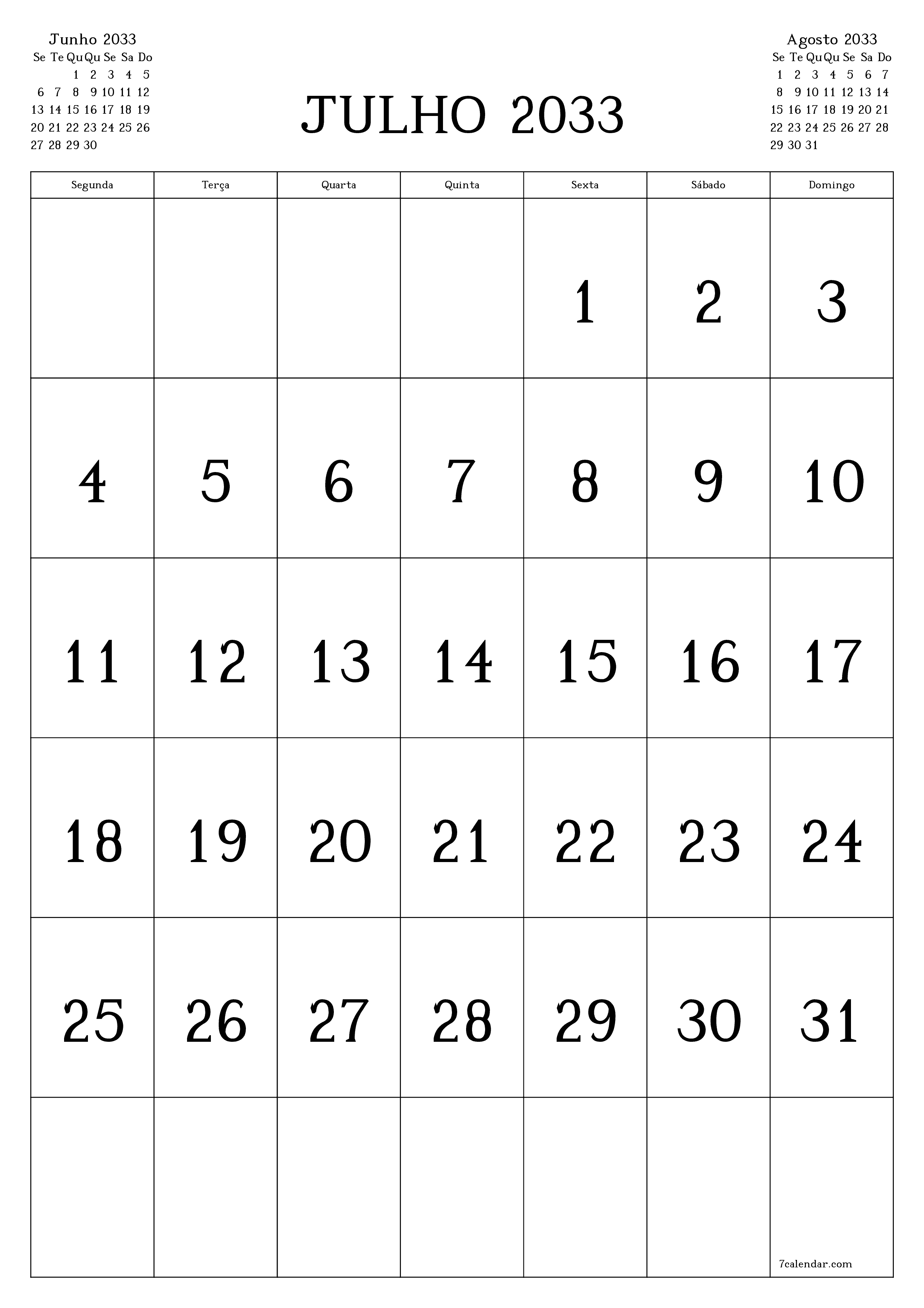  para impressão de parede modelo de grátisvertical Mensal calendário Julho (Jul) 2033