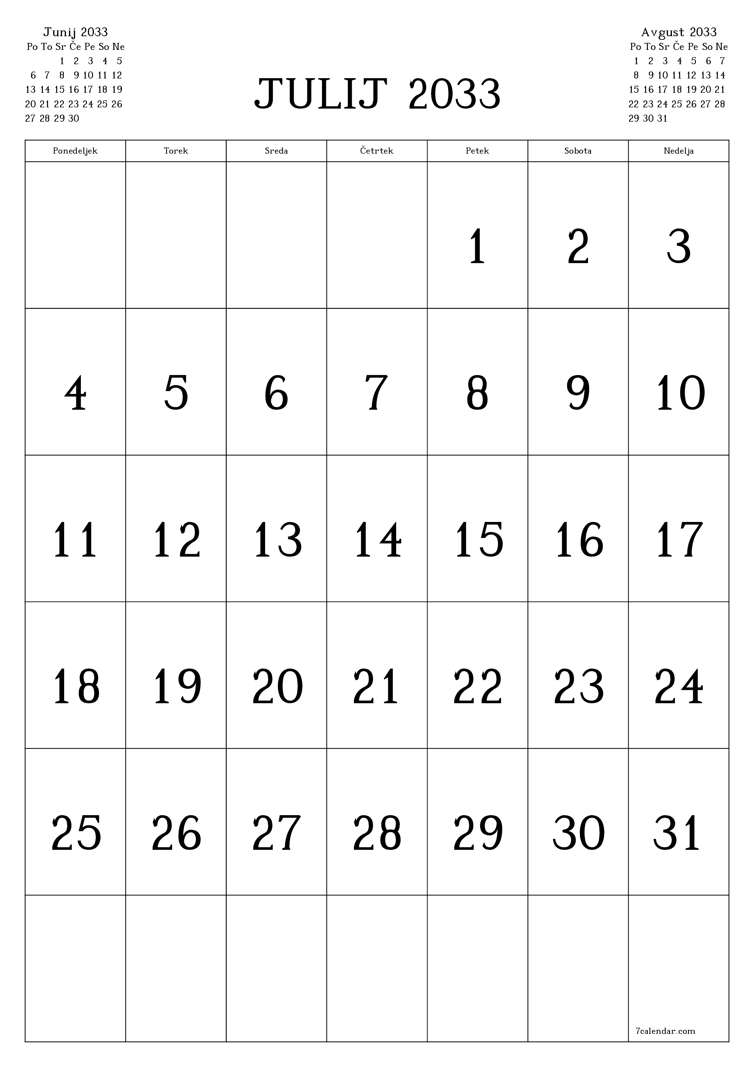 natisljiv stenski ska predloga brezplačni vertical Mesečno koledar Julij (Jul) 2033