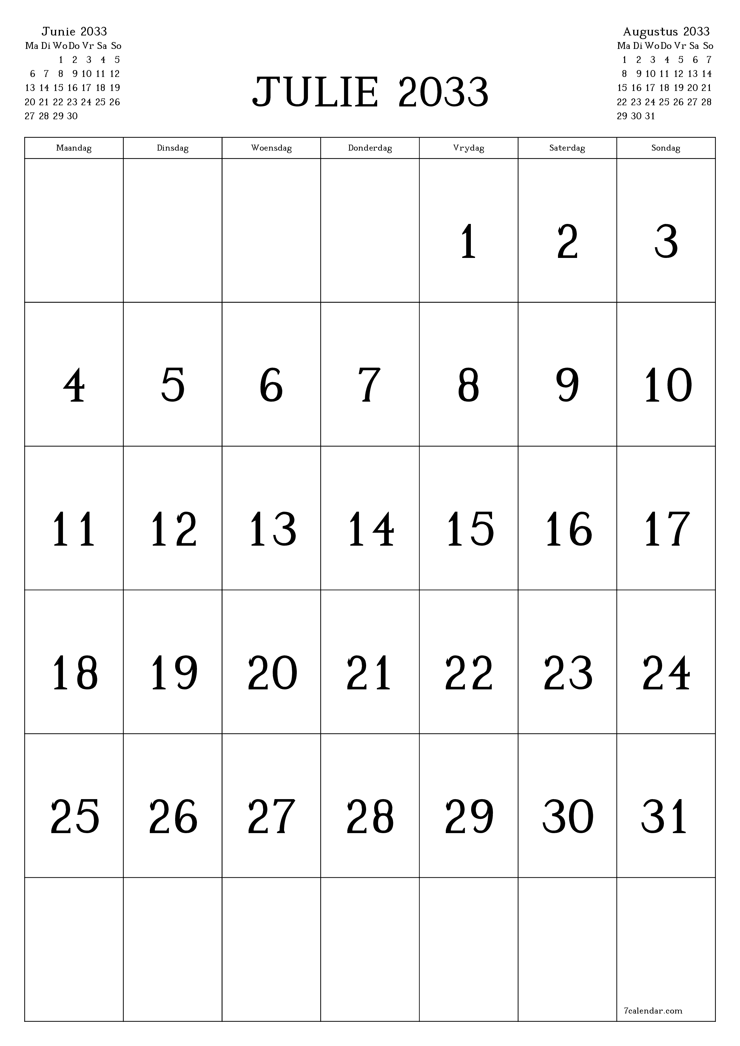 drukbare muur template gratis vertikaal Maandeliks kalender Julie (Jul) 2033