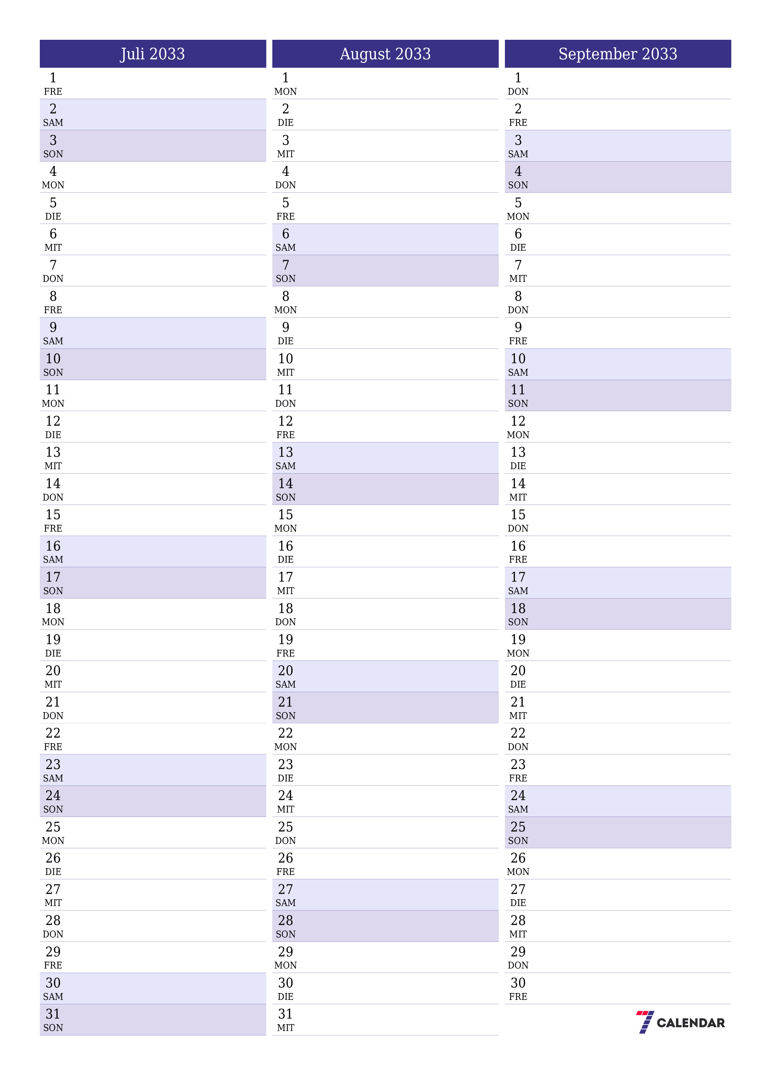  zum Ausdrucken Wandkalender vorlage kostenloser vertikal Monatlich Planer Kalender Juli (Jul) 2033