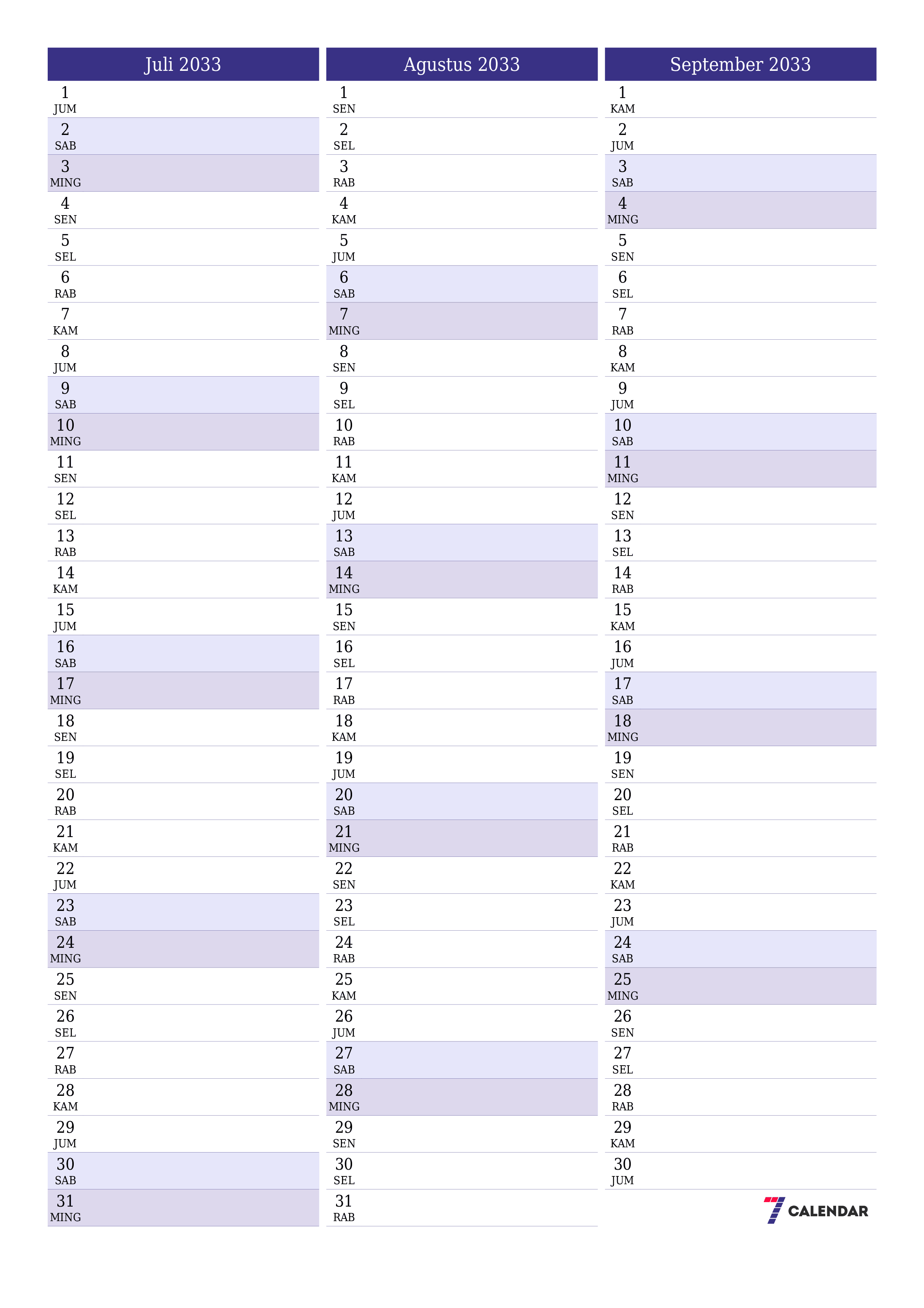 Kosongkan agenda bulanan untuk bulan Juli 2033 dengan catatan, simpan dan cetak ke PDF PNG Indonesian