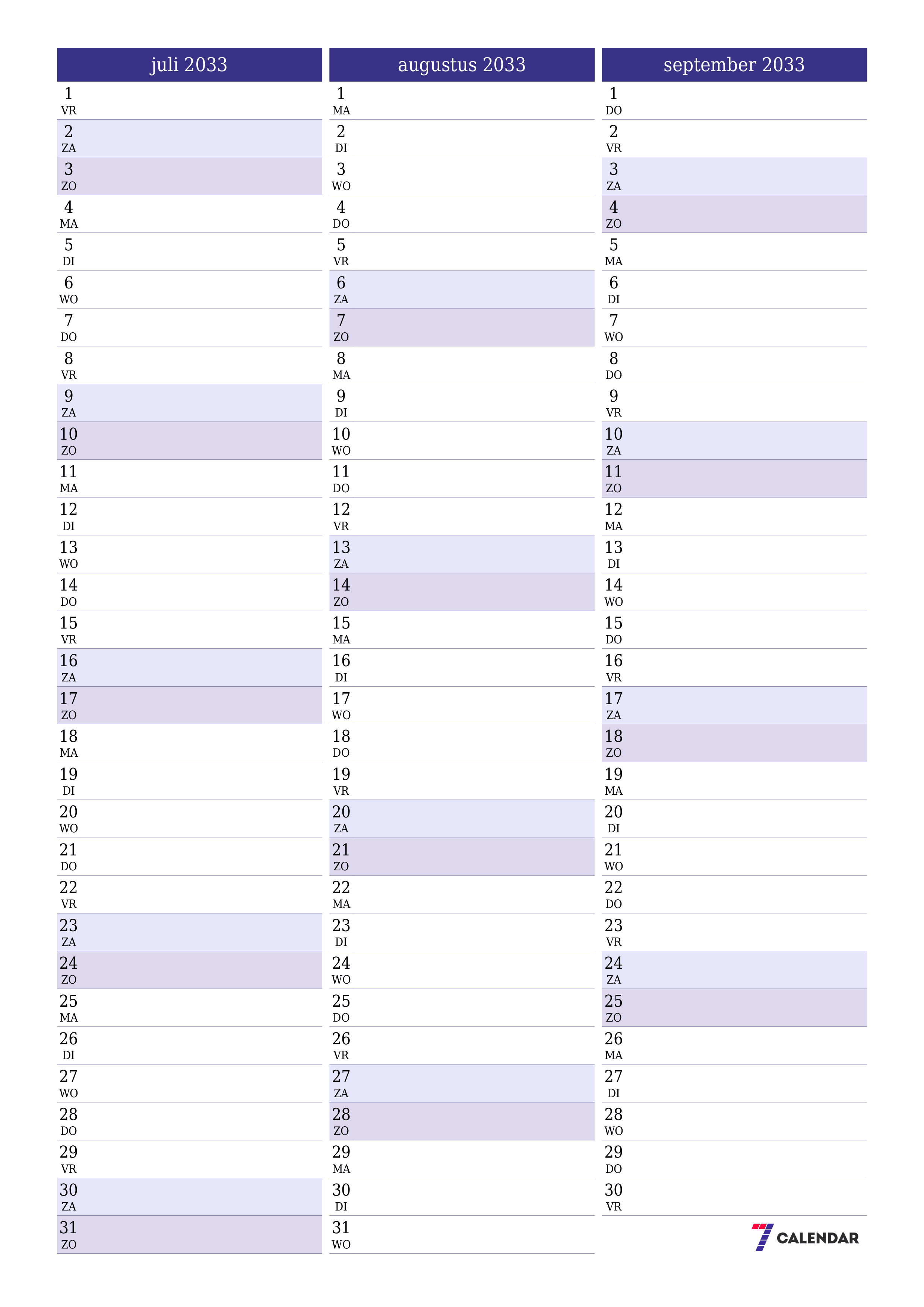 afdrukbare muur sjabloon gratis verticaal Maandelijks planner kalender juli (jul) 2033