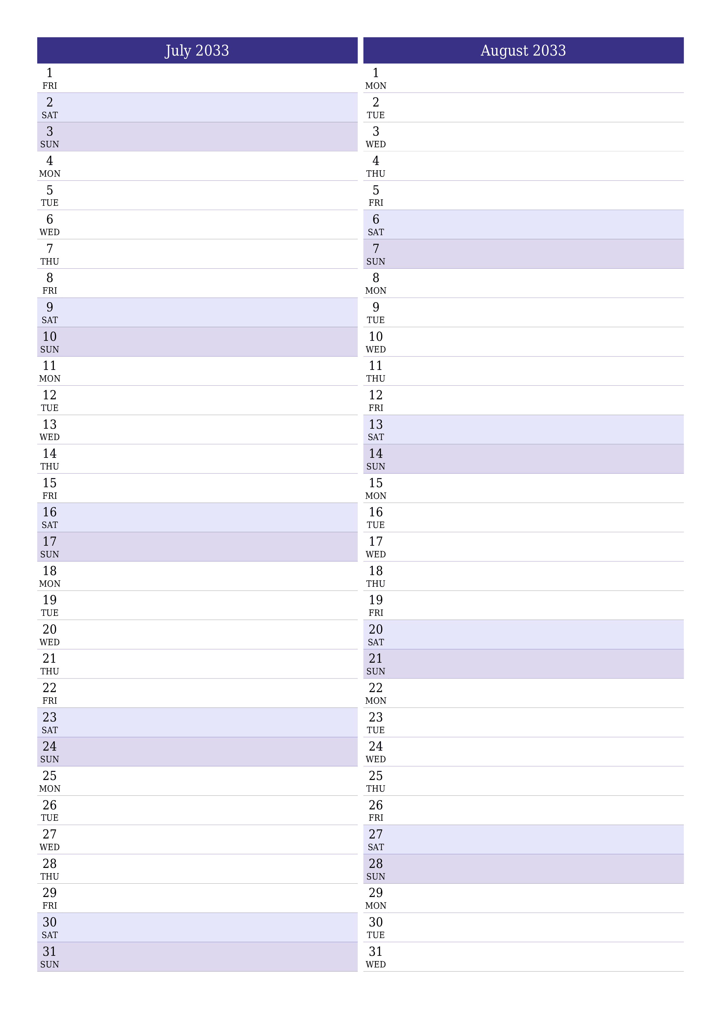 printable wall template free vertical Monthly planner calendar July (Jul) 2033