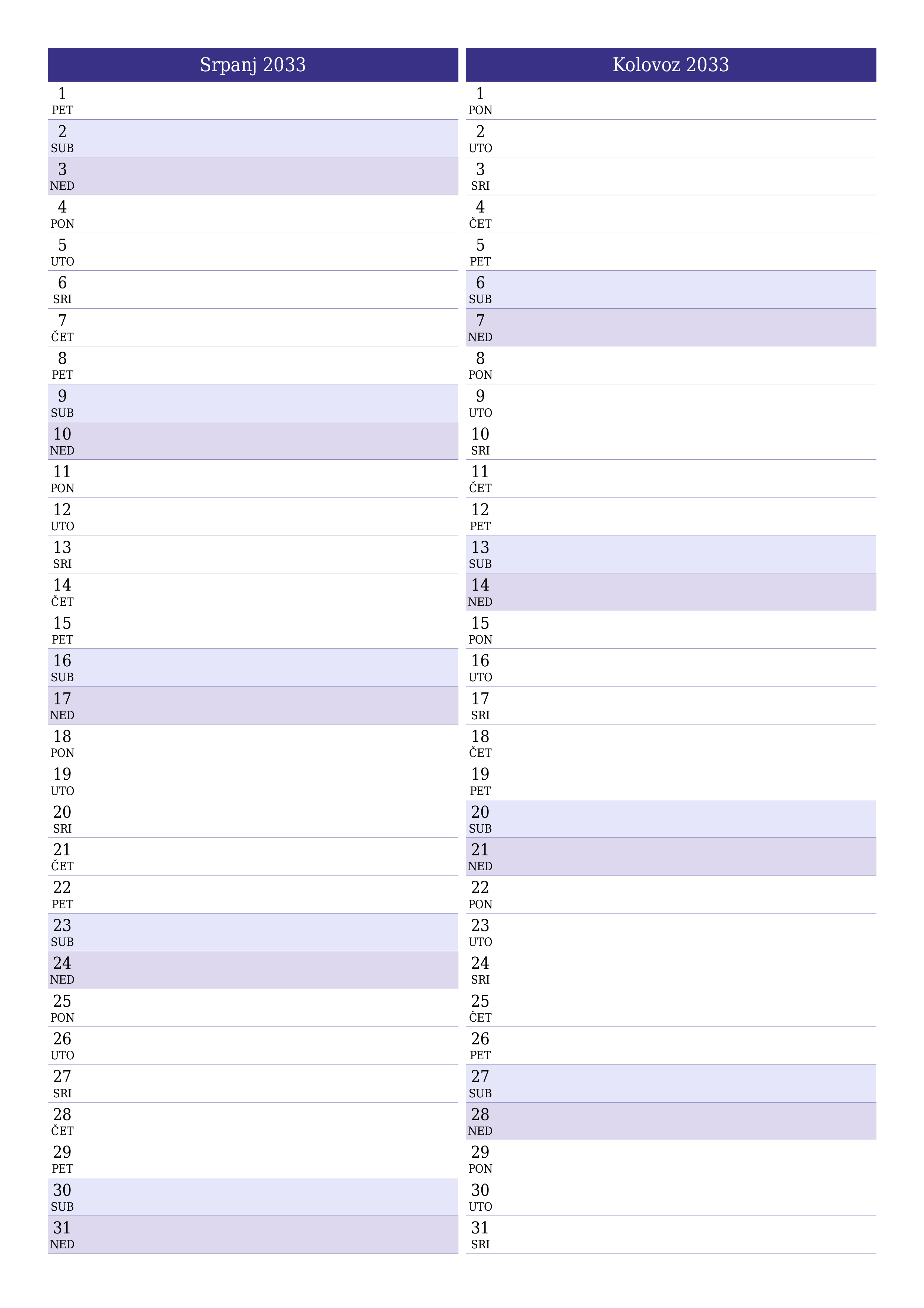  za ispis zidni predložak a besplatni okomito Mjesečni planer kalendar Srpanj (Srp) 2033