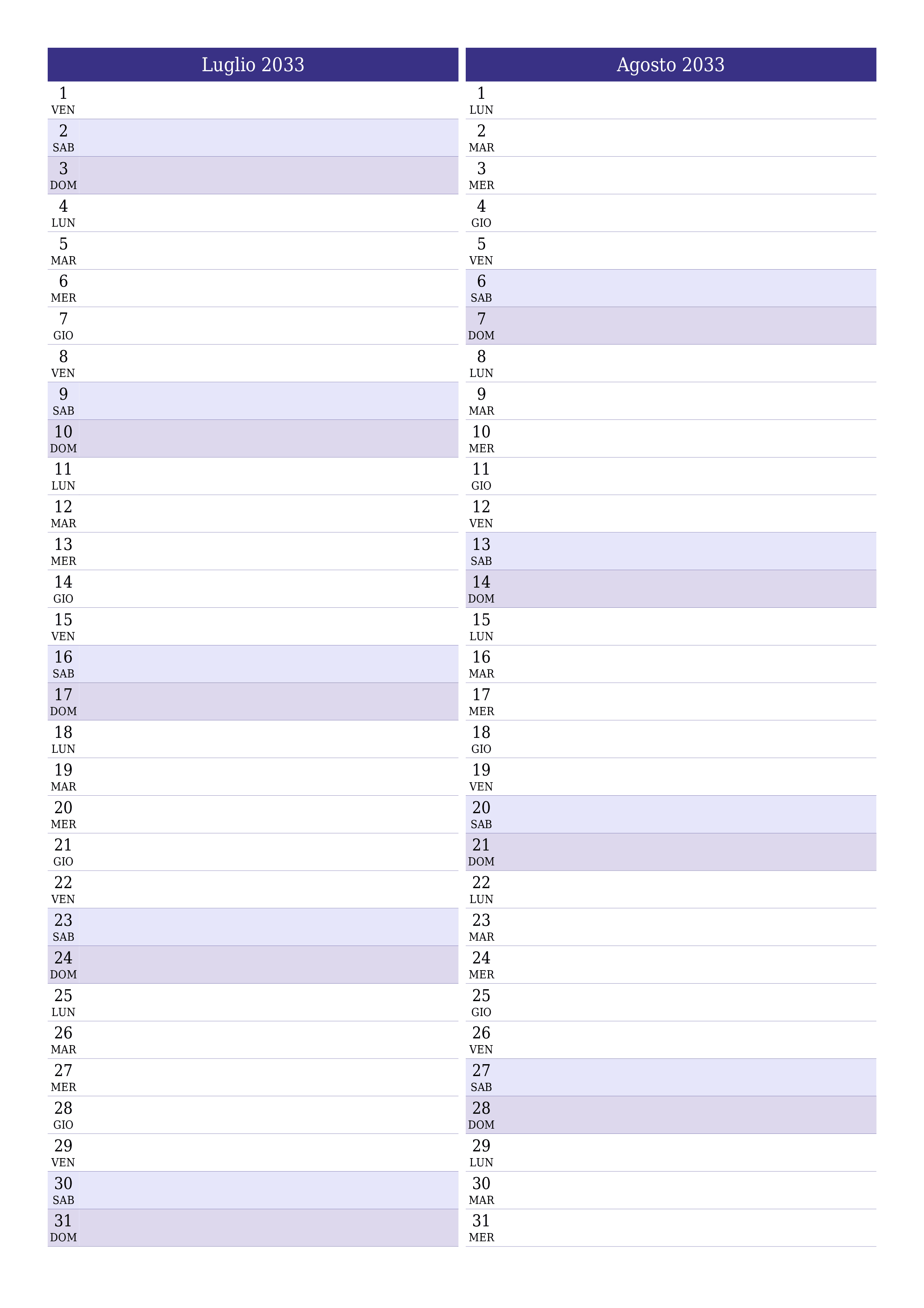  stampabile da parete modello di gratuitoverticale Mensile pianificatore calendario Luglio (Lug) 2033