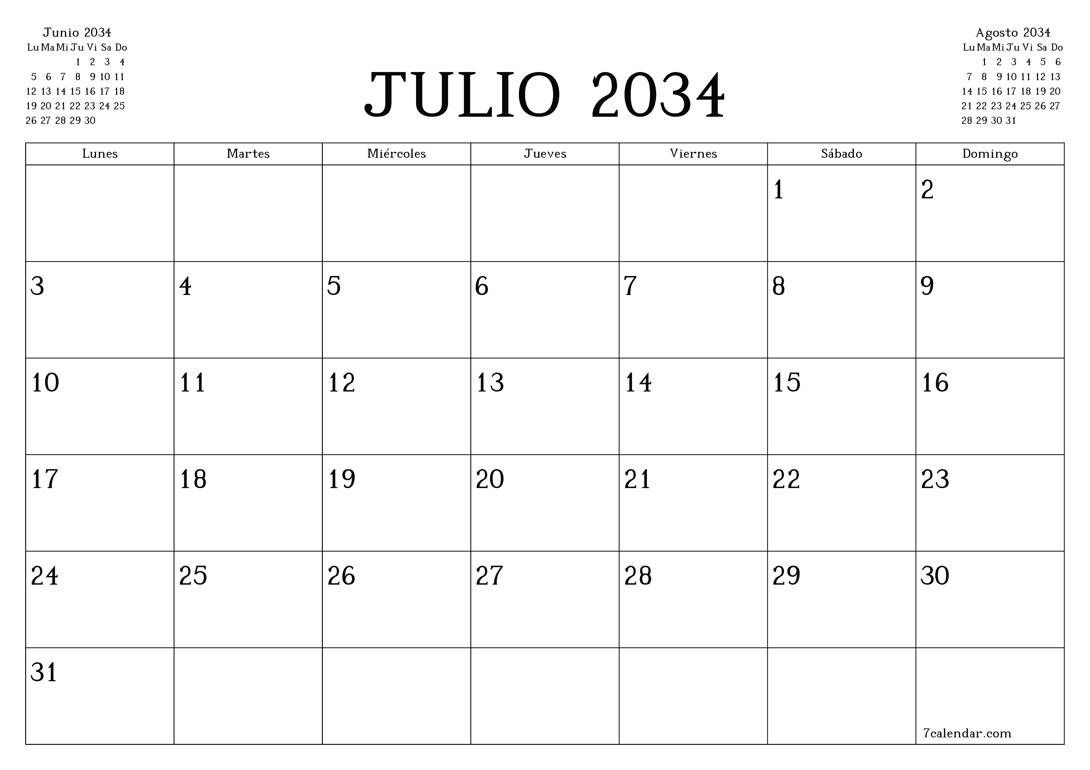 Planificador mensual vacío para el mes Julio 2034 con notas, guardar e imprimir en PDF PNG Spanish