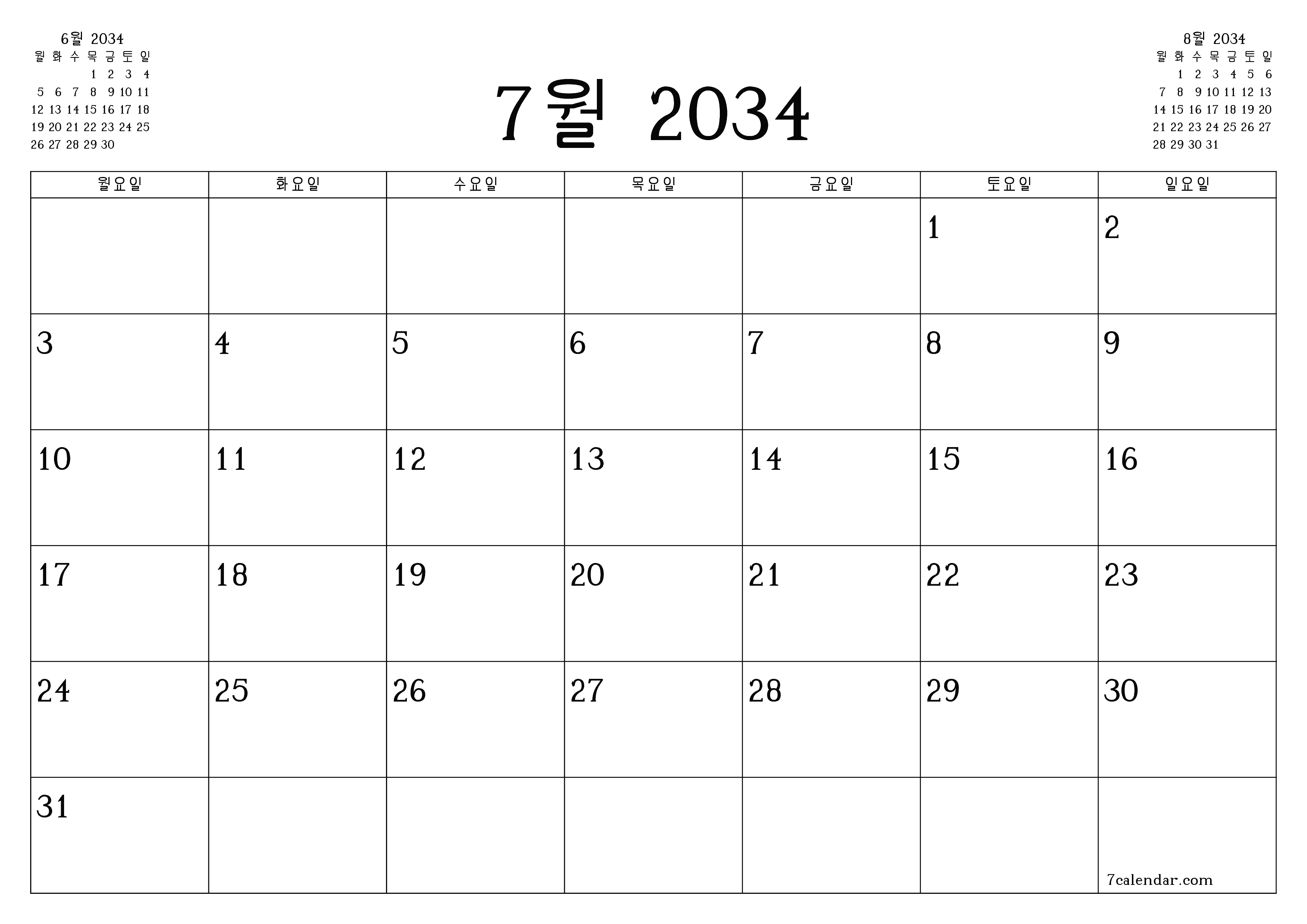 메모가있는 7월 2034 월의 월간 플래너 비우기, PDF PNG Korean-7calendar.com으로 저장 및 인쇄