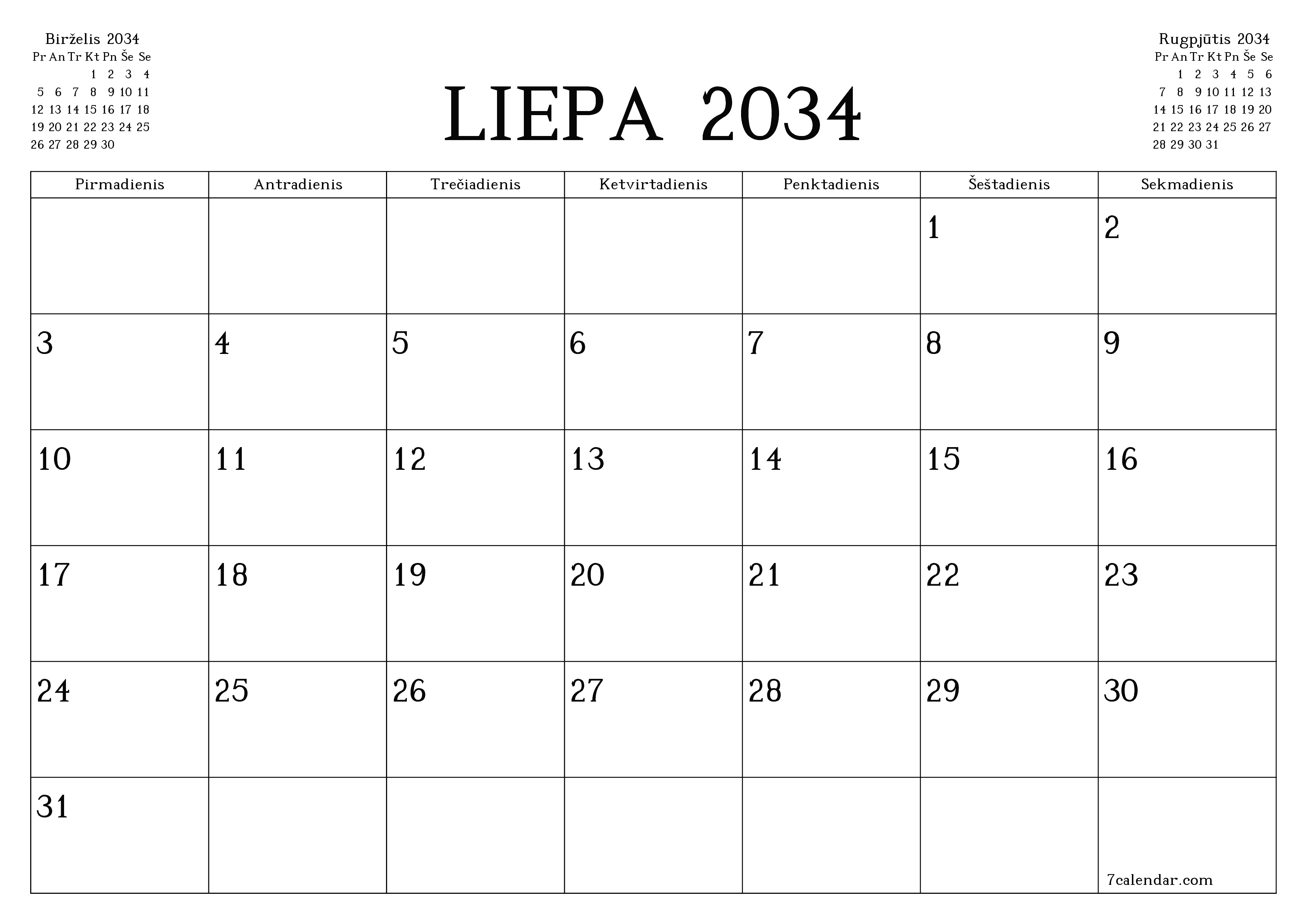 Ištuštinti mėnesio Liepa 2034 mėnesio planavimo priemonę su užrašais, išsaugoti ir atsispausdinti PDF formate PNG Lithuanian