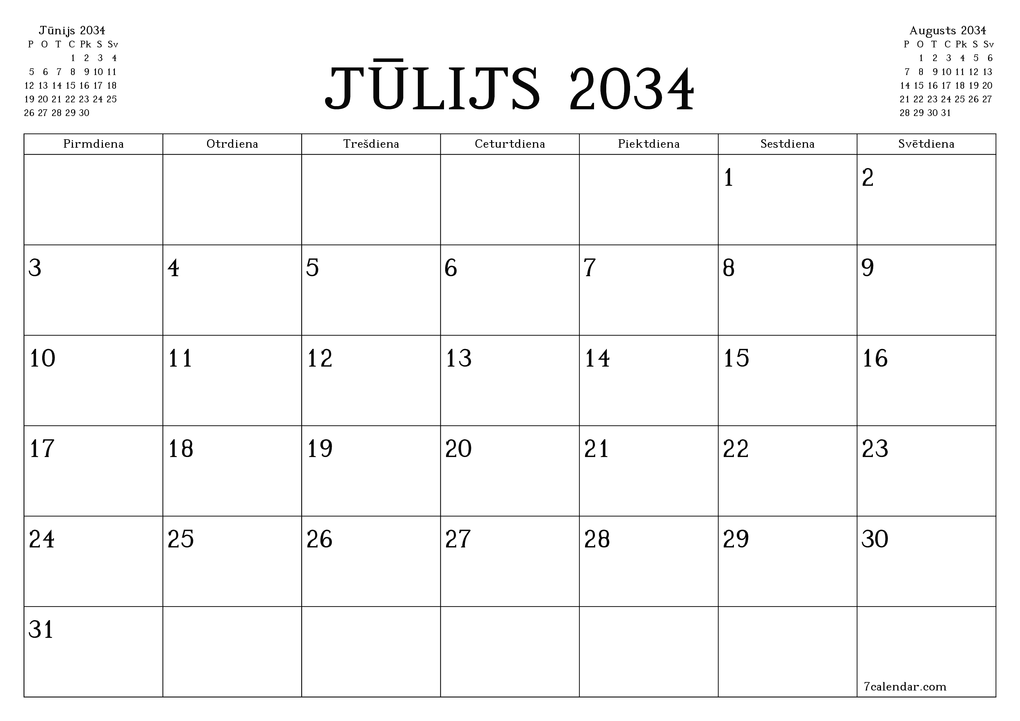 Iztukšot mēneša plānotāju mēnesim Jūlijs 2034 ar piezīmēm, saglabāt un izdrukāt PDF formātā PNG Latvian