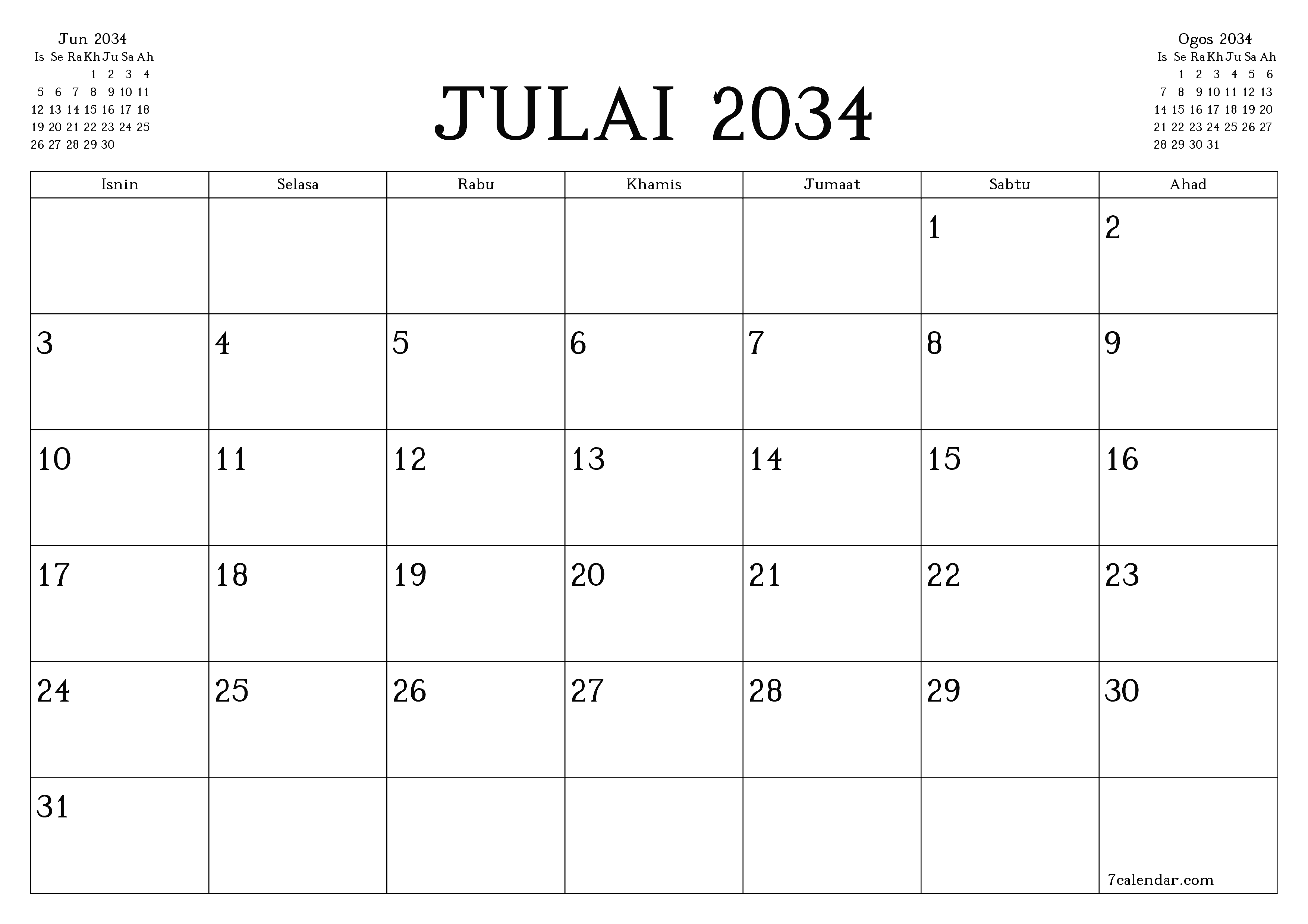 Perancang bulanan kosong untuk bulan Julai 2034 dengan nota, simpan dan cetak ke PDF PNG Malay