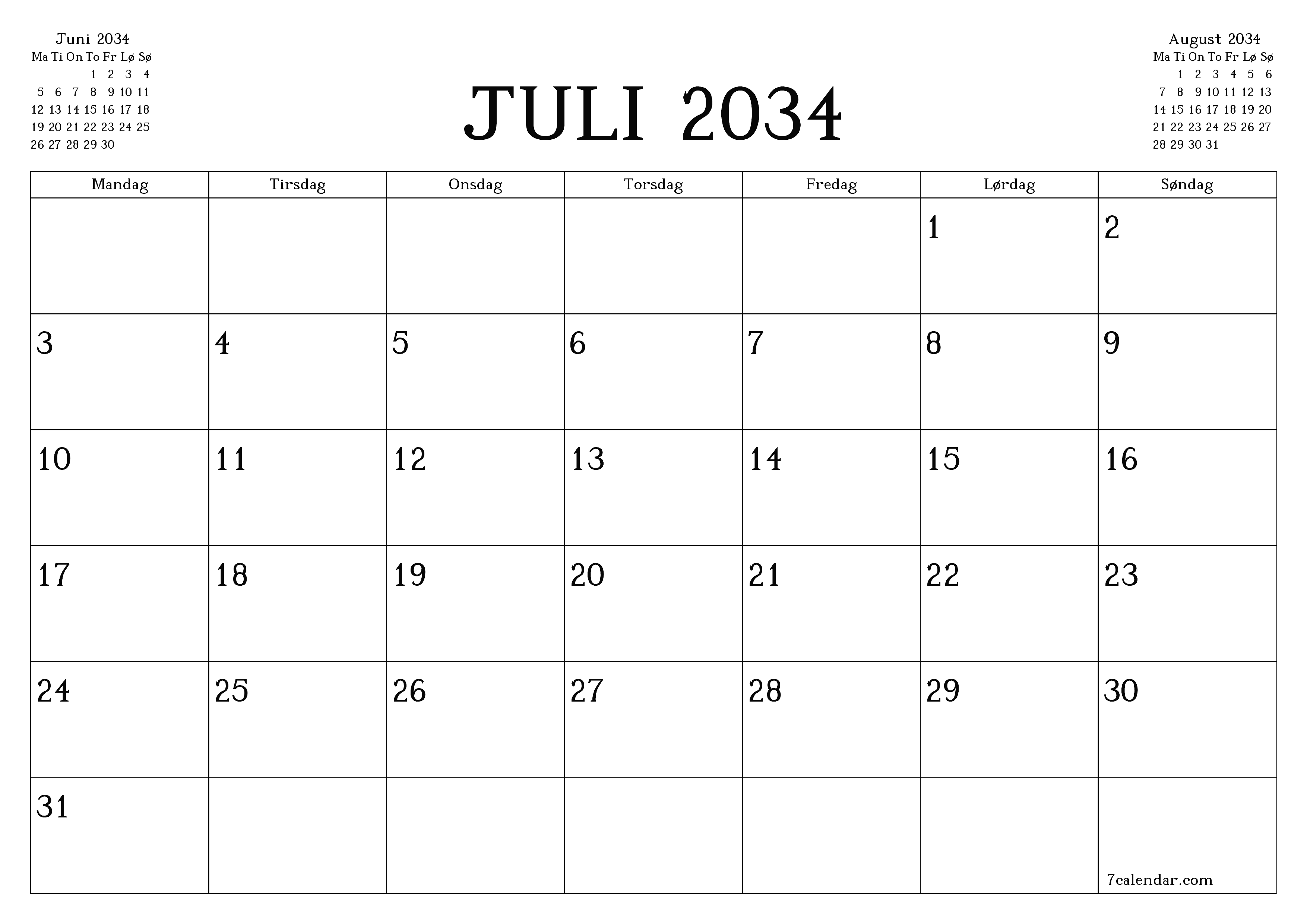 utskrivbar vegg mal gratis horisontal Månedlig planlegger kalender Juli (Jul) 2034