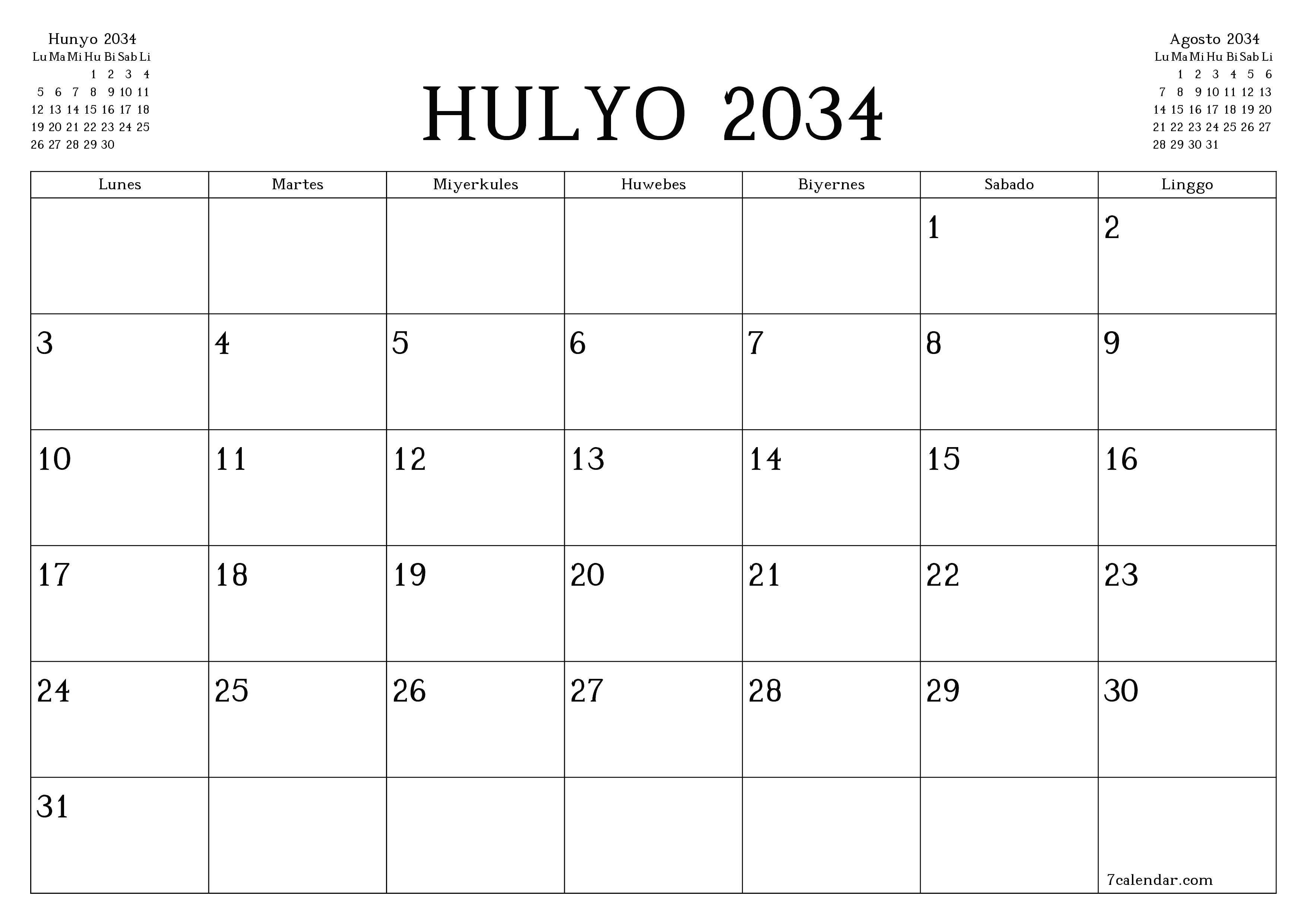 Walang laman na buwanang tagaplano para sa buwan na Hulyo 2034 na may mga tala, i-save at i-print sa PDF PNG Filipino