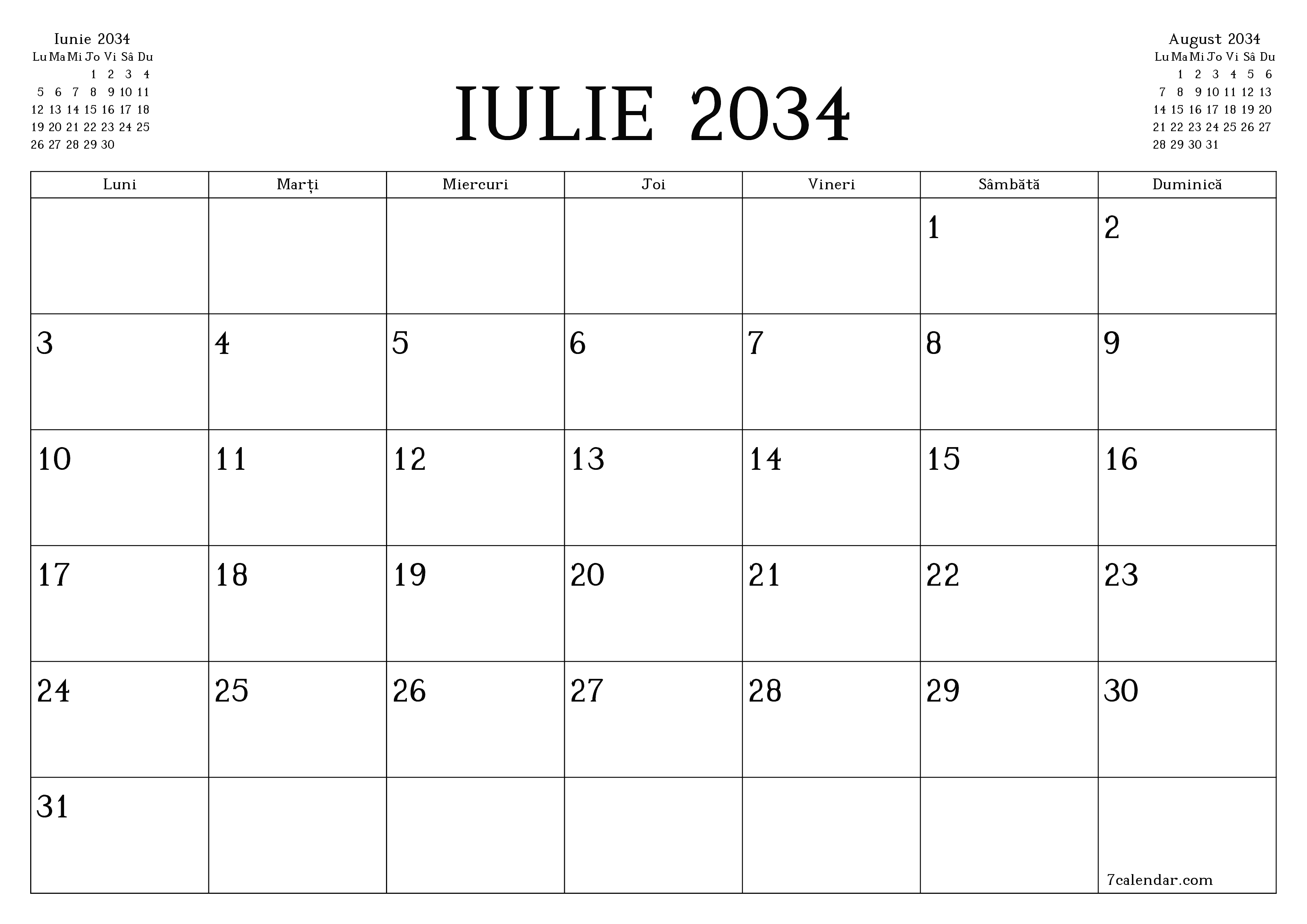Planificator lunar gol pentru luna Iulie 2034 cu note, salvați și tipăriți în PDF PNG Romanian