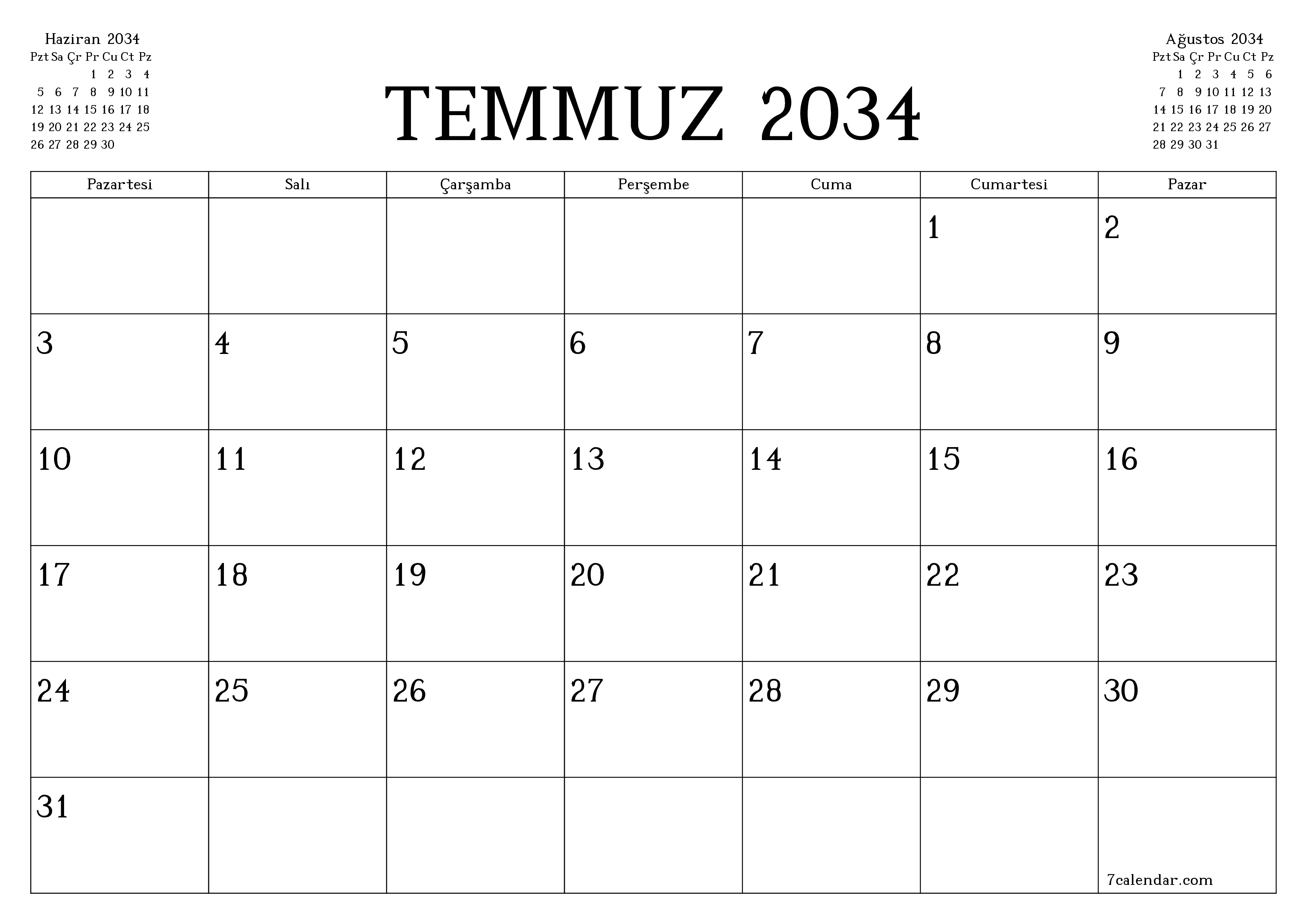Temmuz 2034 ayı için notlarla birlikte boş aylık planlayıcı, kaydedin ve PDF'ye yazdırın PNG Turkish