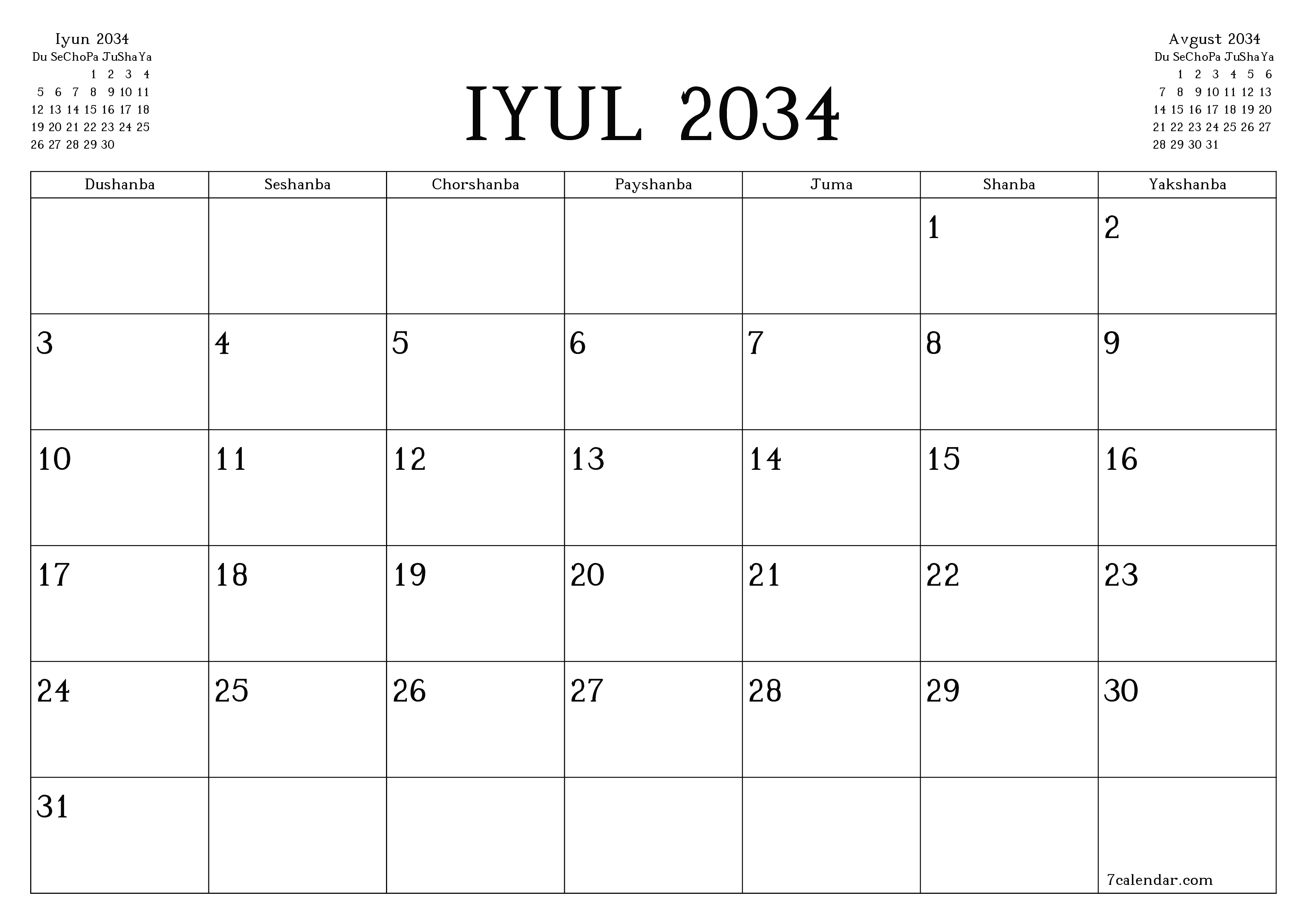 Iyul 2034 oylik oylik rejalashtiruvchini yozuvlar bilan bo'shatish, saqlash va PDF-ga chop etish PNG Uzbek