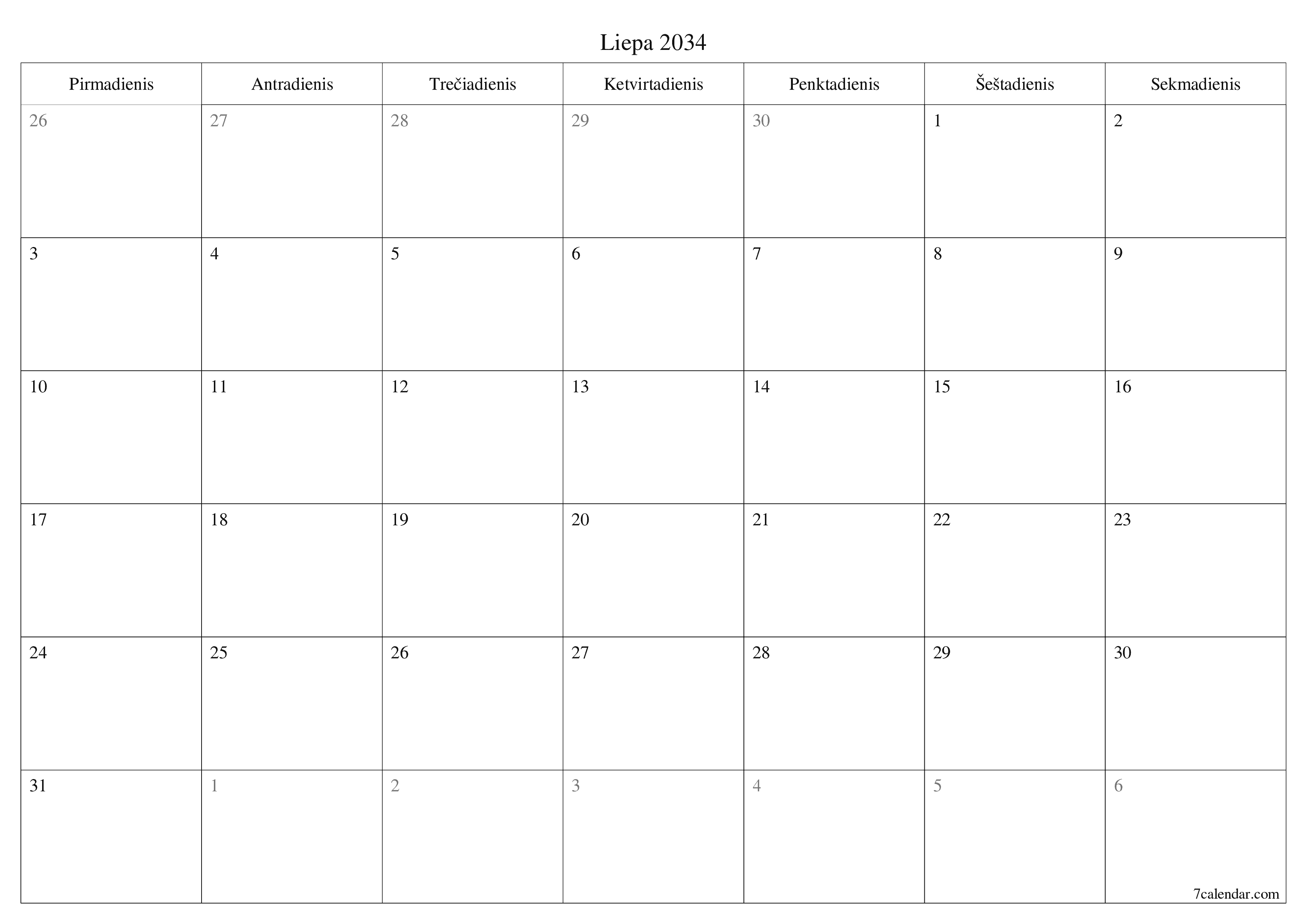 Ištuštinti mėnesio Liepa 2034 mėnesio planavimo priemonę su užrašais, išsaugoti ir atsispausdinti PDF formate PNG Lithuanian