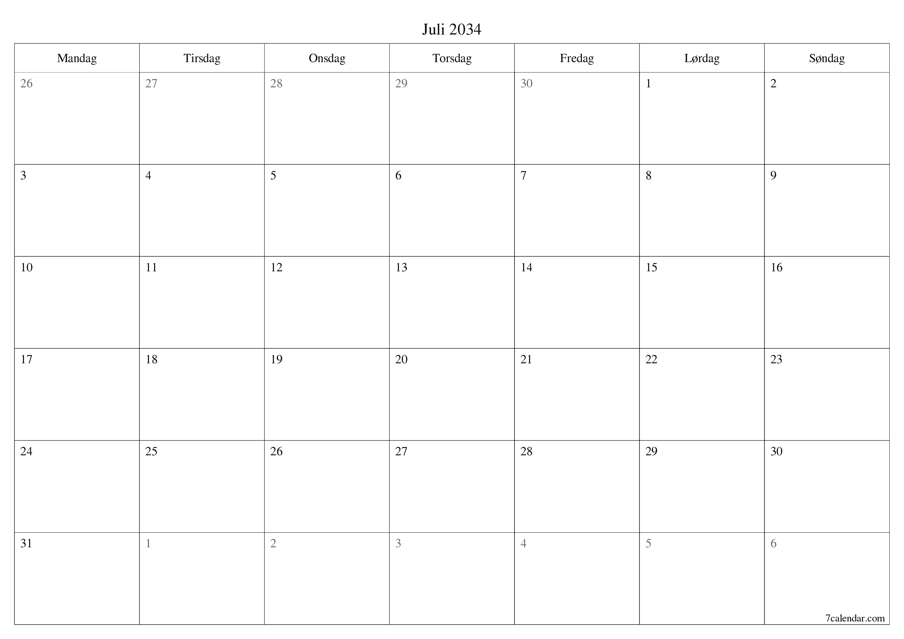 Tom månedlig planlegger for måned Juli 2034 med notater, lagre og skriv ut til PDF PNG Norwegian