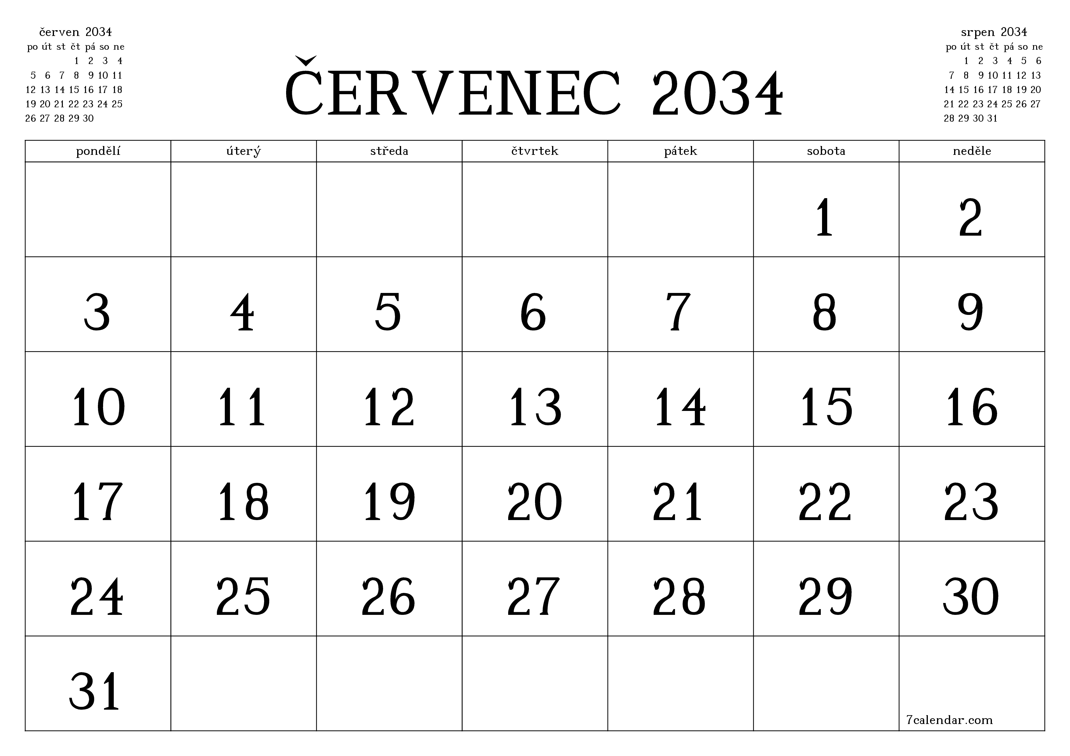 Vyprázdnit měsíční plánovač na měsíc červenec 2034 s poznámkami, uložit a vytisknout do PDF PNG Czech