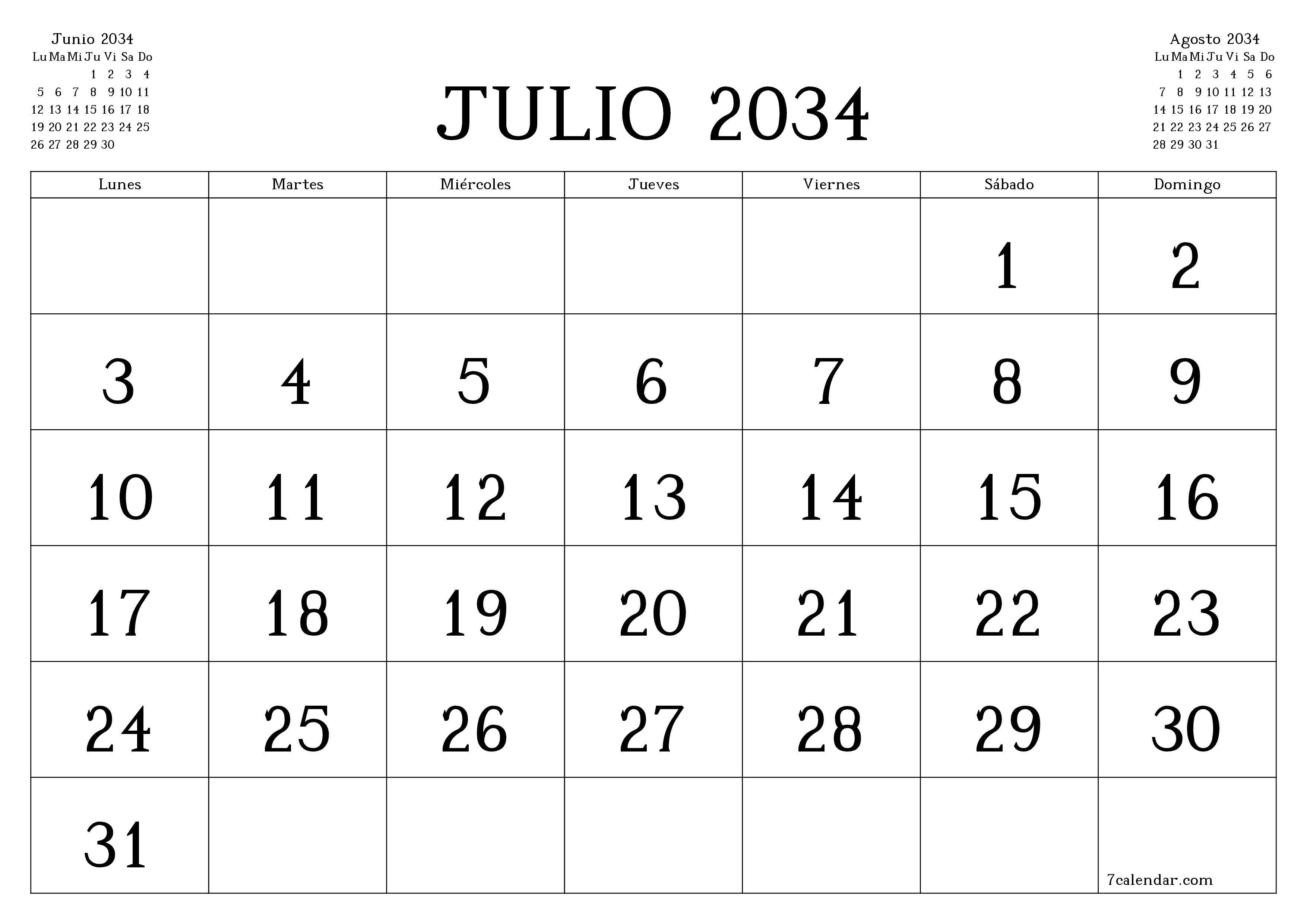 Planificador mensual vacío para el mes Julio 2034 con notas, guardar e imprimir en PDF PNG Spanish