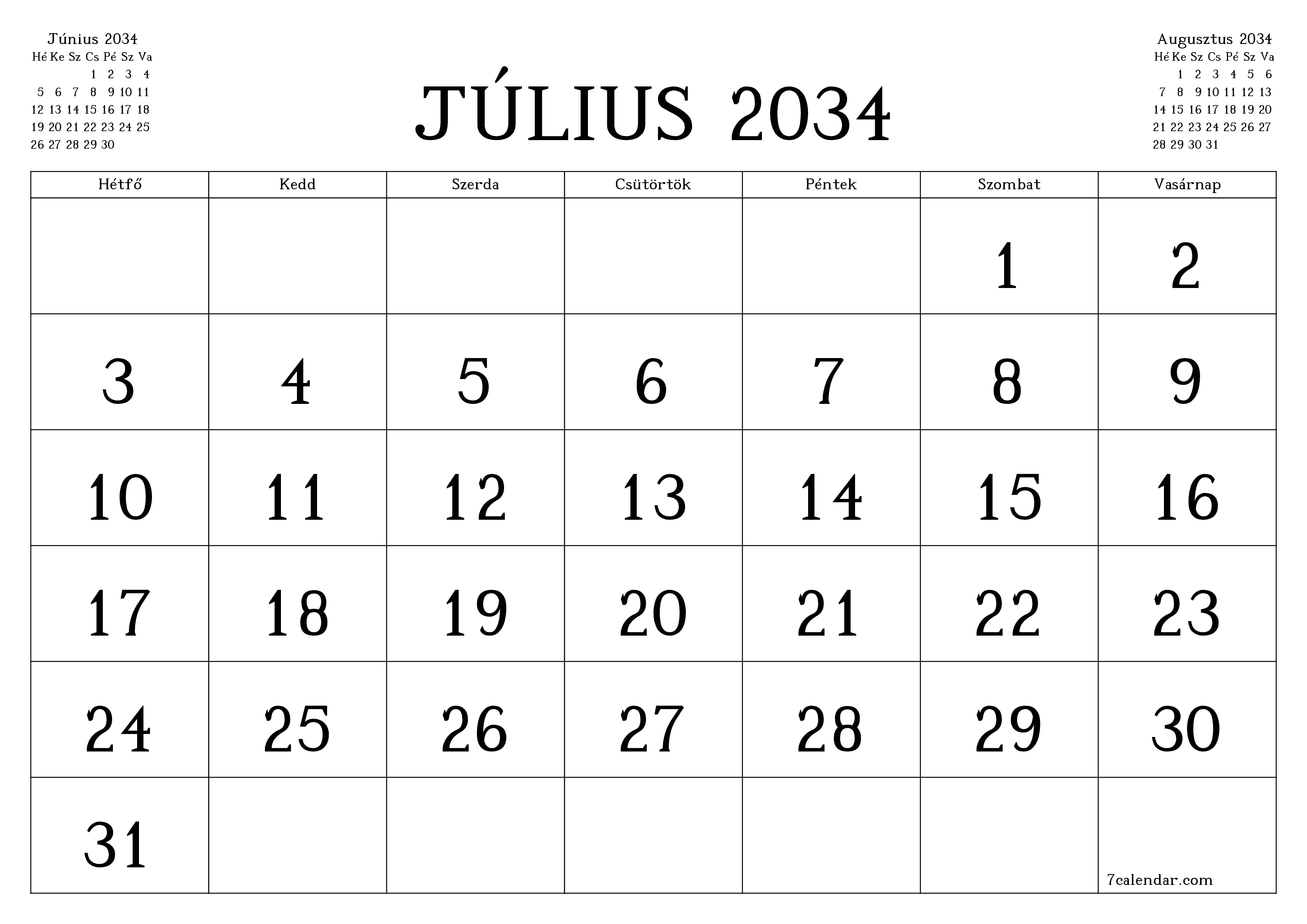 Üres havi tervező a Július 2034 hónapra jegyzetekkel, mentés és nyomtatás PDF-be PNG Hungarian