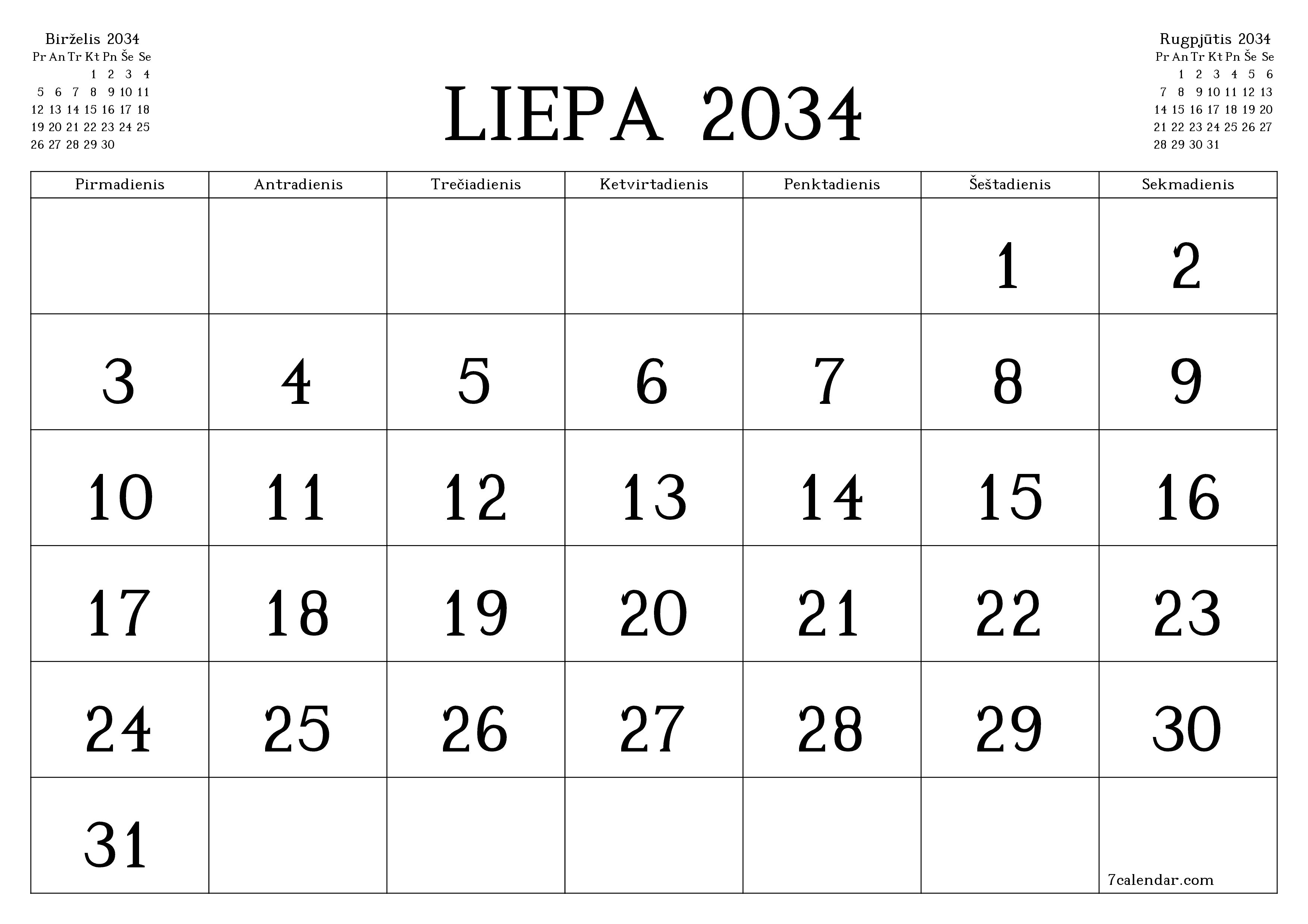Ištuštinti mėnesio Liepa 2034 mėnesio planavimo priemonę su užrašais, išsaugoti ir atsispausdinti PDF formate PNG Lithuanian